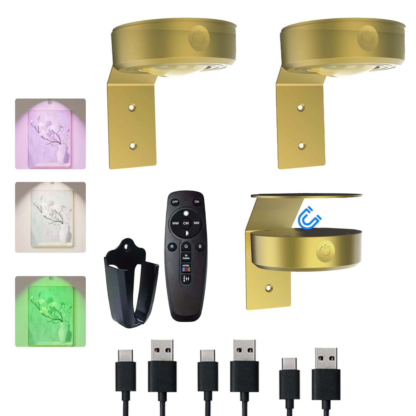 VIGMOJ 3Pcs Picture Painting Light Battery Operated with Remote Control, 16 RGB Color Magnetic Led Art Spotlight for Picture Fra
