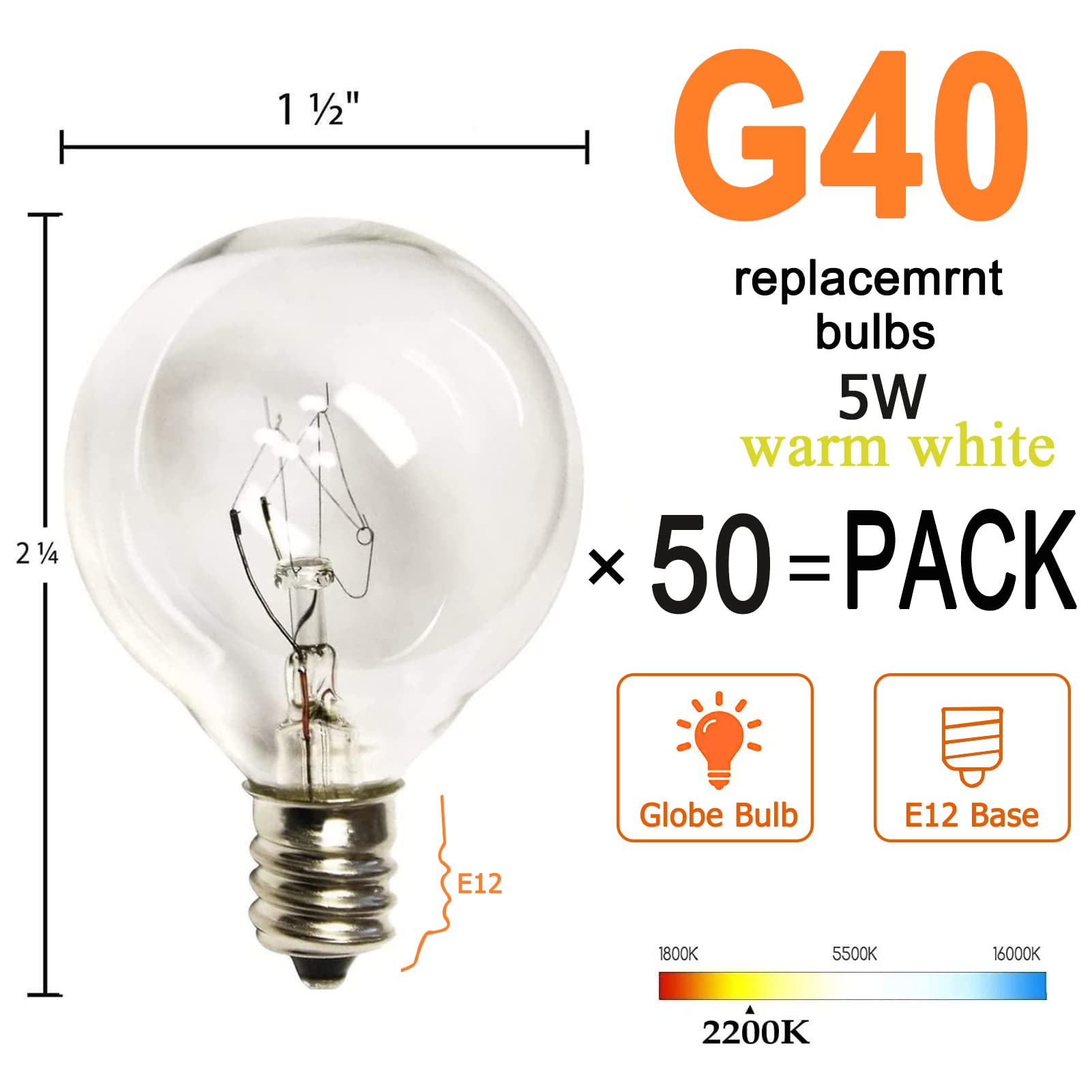 Abeja G40 Light Bulbs, 5W Clear Glass Globe, E12 Candelabra Base, Warm White, 50 Pack for Indoor/Outdoor Decor