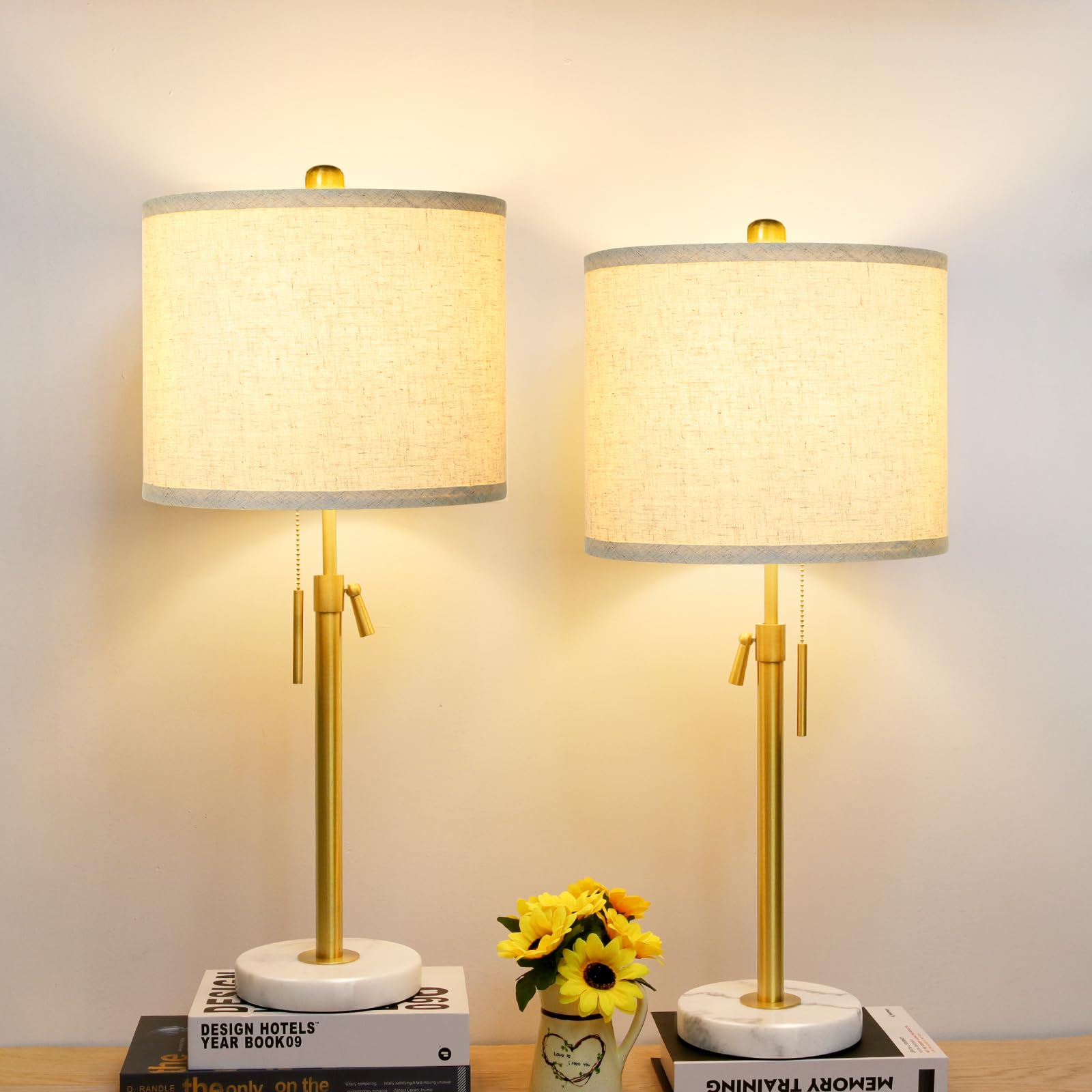 Table Lamp Set of 2: 22'' to 30'' Height Adjustable Pull Chain Switch for Living Room Bedroom End Table, Marble Base Beige Linen