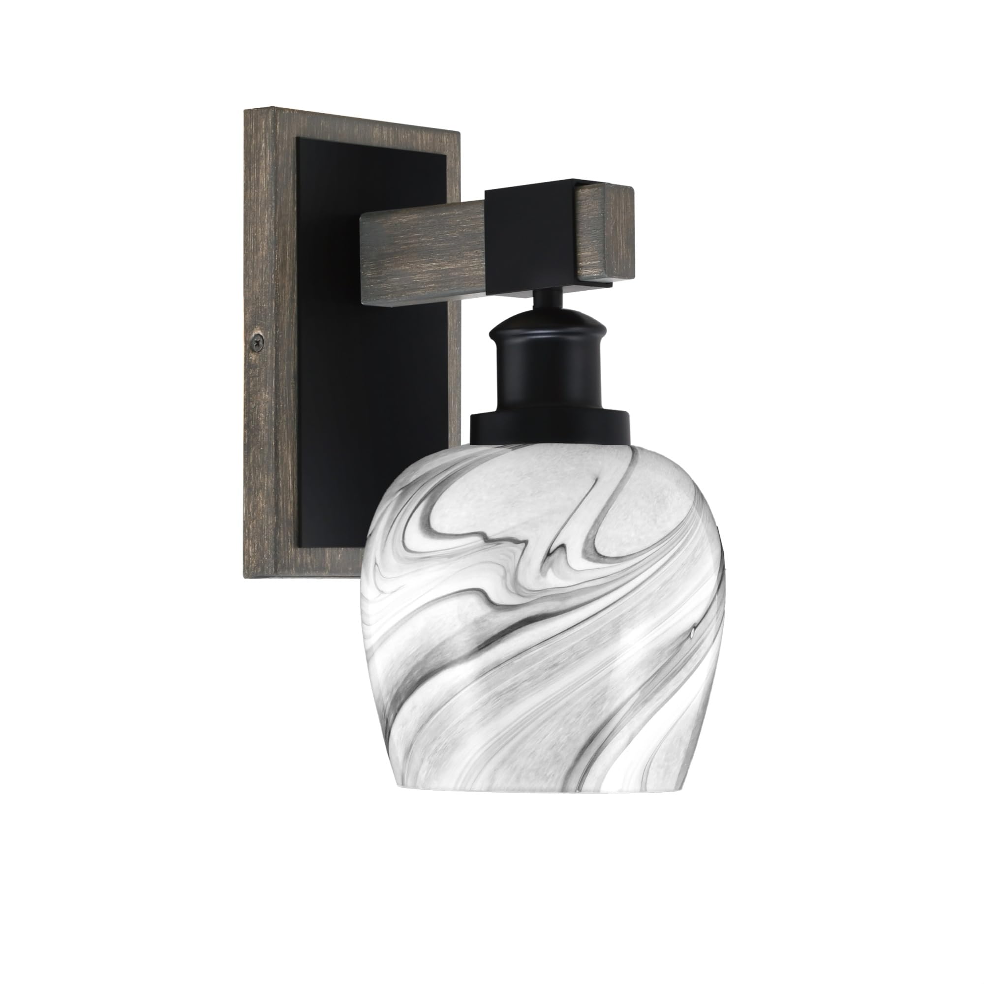 Toltec Lighting Tacoma Light Wall Sconce - Matte Black & Distressed Wood-Look Metal, 6in Onyx Swirl Glass