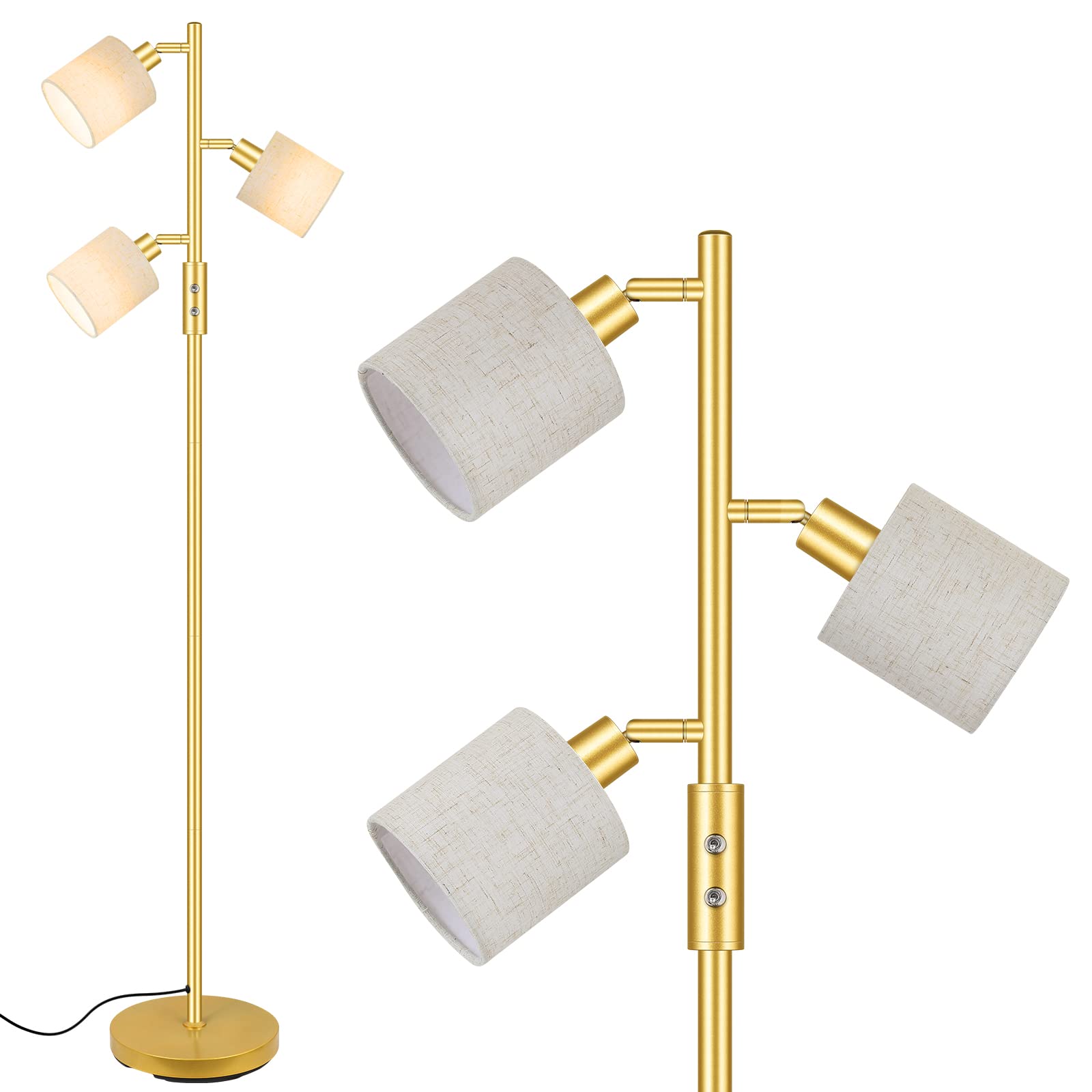 Gold Floor Lamps for Living Room, 3 Color Temperature, Standing Lamp With Shade for Bedroom, Reading (5W LED Bulbs)