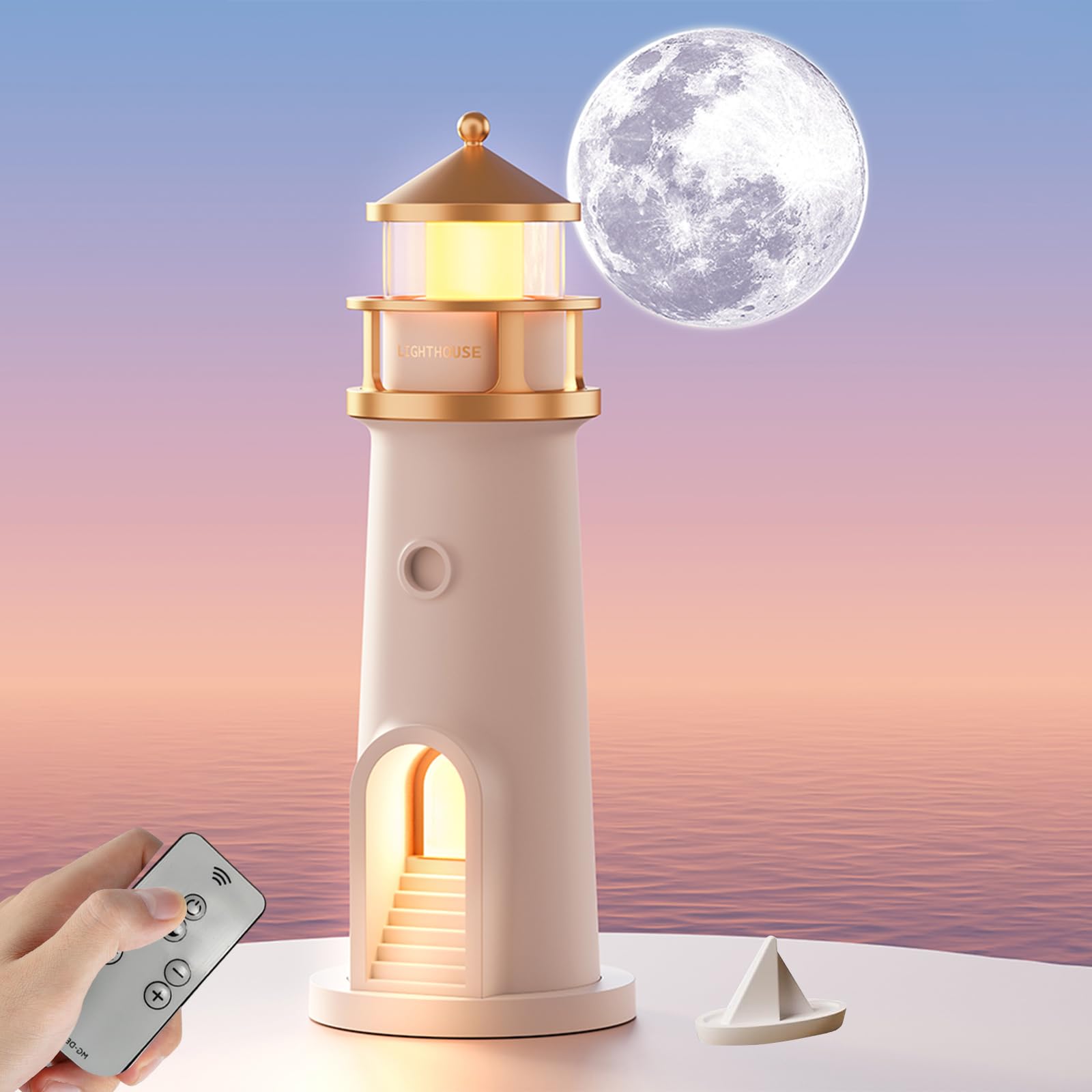 AVEKI Lighthouse Night Light for Kids Cute Lighthouse Lamp with Moon Projection 3 Levels Dimmable Wireless Table Lamp for Room D