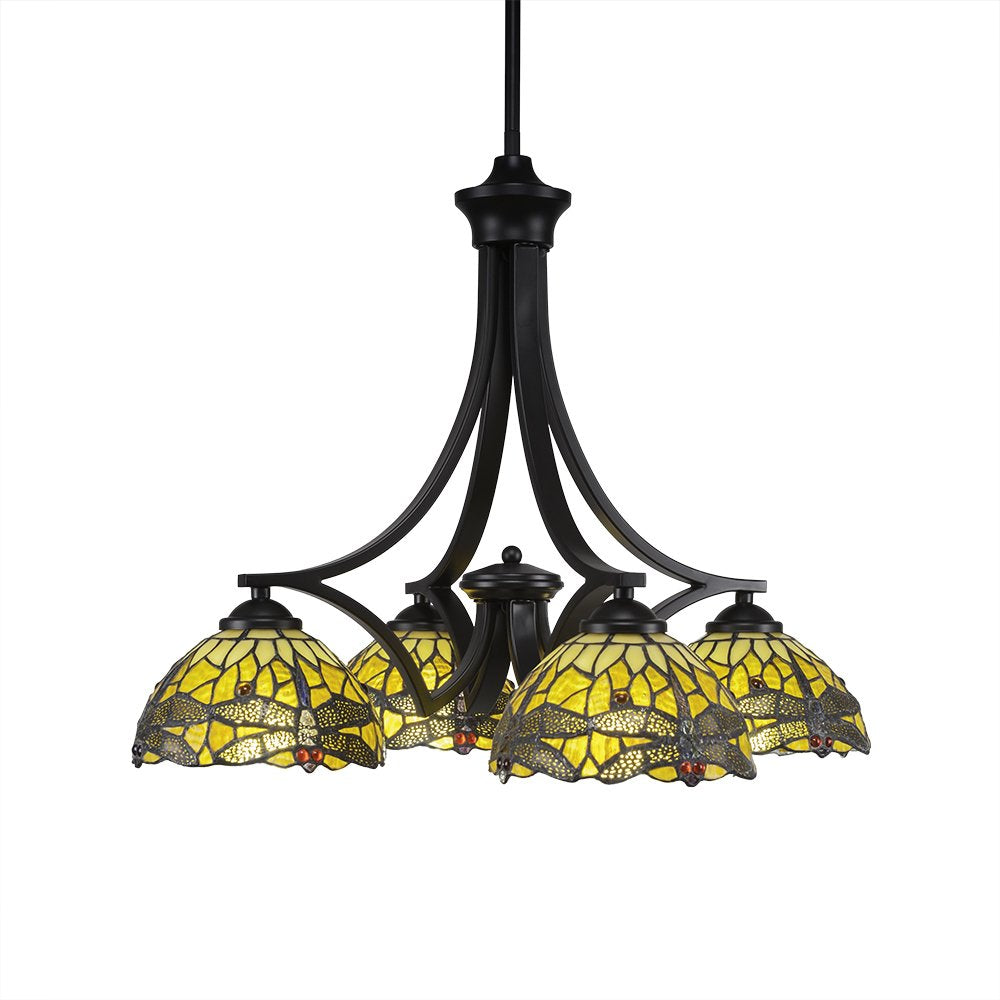 Toltec Lighting 568-MB-9465 Zilo 4 Light Chandelier with Amber Dragonfly Glass, 7&quot;, Matte Black