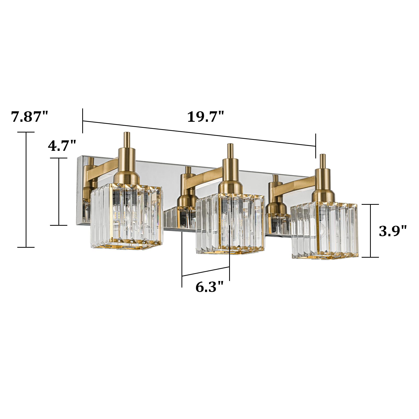 HUOKU Crystal Bathroom Vanity Light 3-Light Metal Wall Sconce Gold Chrome Model HUOKU-CB3L-GC