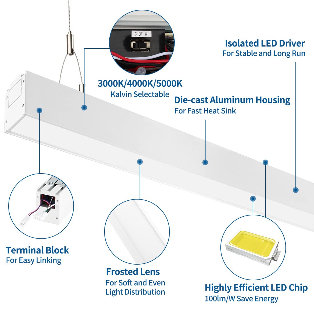 DAKASON 4FT Linkable LED Linear Light, 35W Down 15W Up, Dimmable, 3/4/5000K CCT, Aluminum, White,