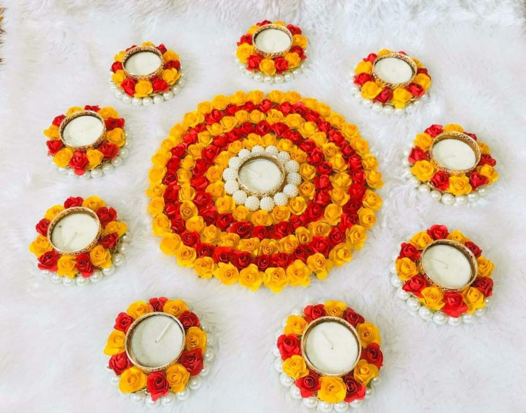 Sanvatsar Beautiful Marigold Rangoli Diya with wax, Diwali Decoration, Corporate Gift Set Of 10