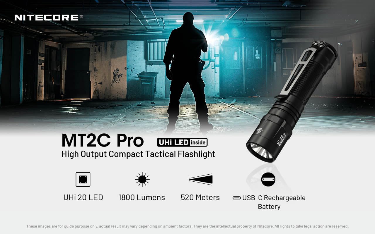 Nitecore MT2C Pro EDC Flashlight, 1800 Lumen, USB-C Rechargeable, Anodized Aluminum, Black