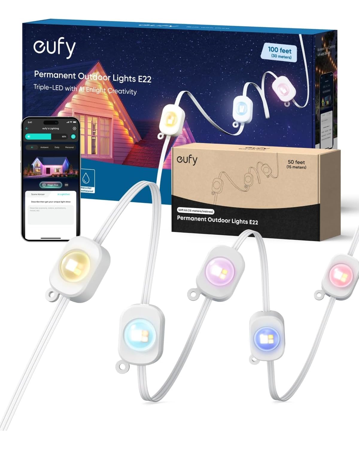 Eufy Permanent Outdoor Lights E22  150Ft With 90 Triple-Led Lights  Smart Rgbww  Daily And Holiday  Up To Ip67 Waterproof  Ai Lighting Themes For Halloween  Christmas  Links With Cameras  White