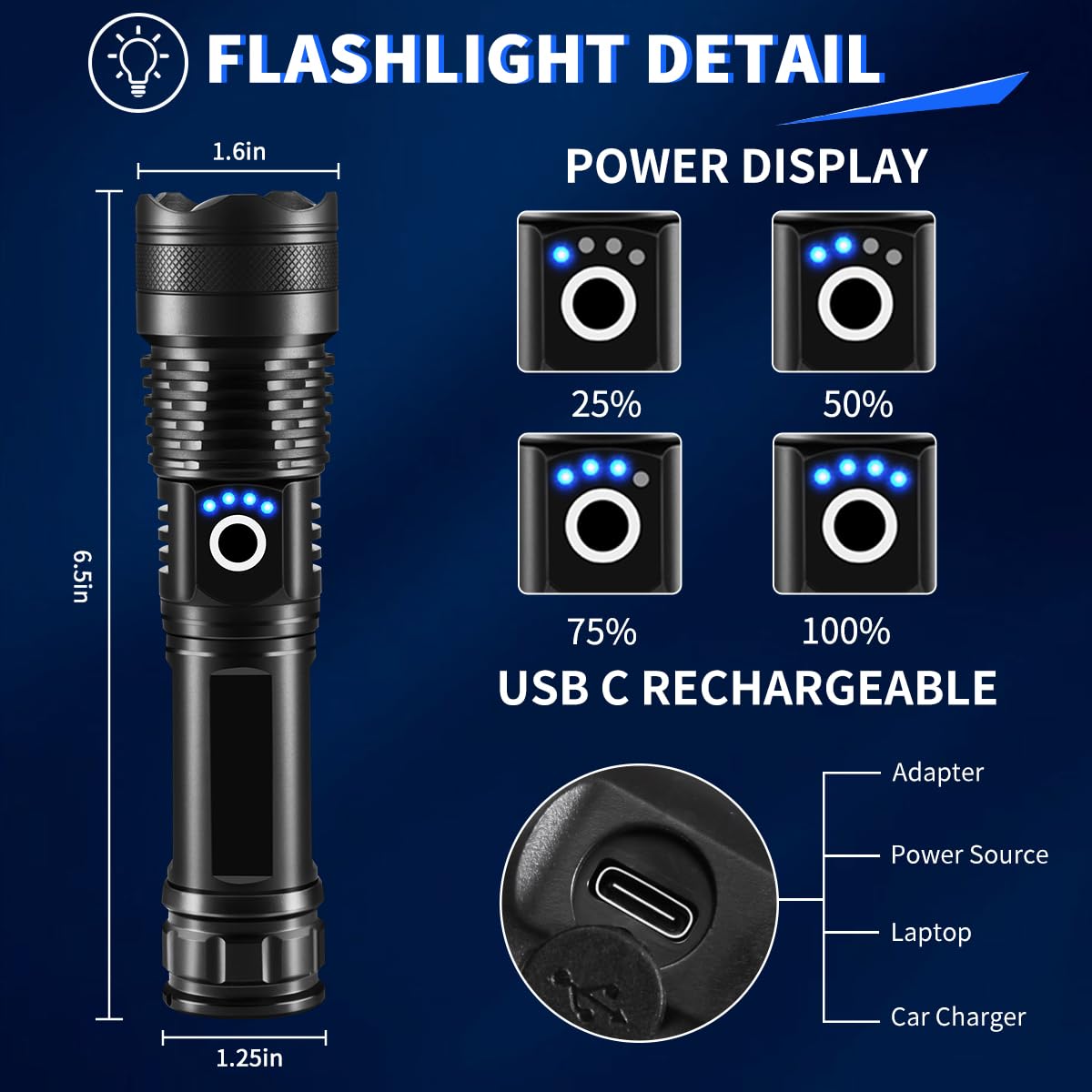 UUYEE Rechargeable Flashlight High Lumens 990000lm 5 Modes Aluminum 3Pack Black