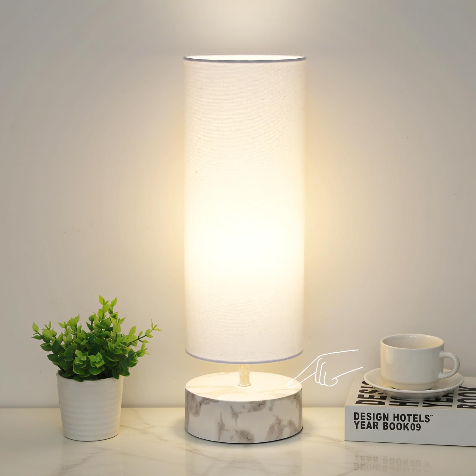 Seaside Village Touch Table Lamp, 3-Way Dimmable, Metal Base with Marble Grain, 5.51inx5.51inx17.52in, White Shade