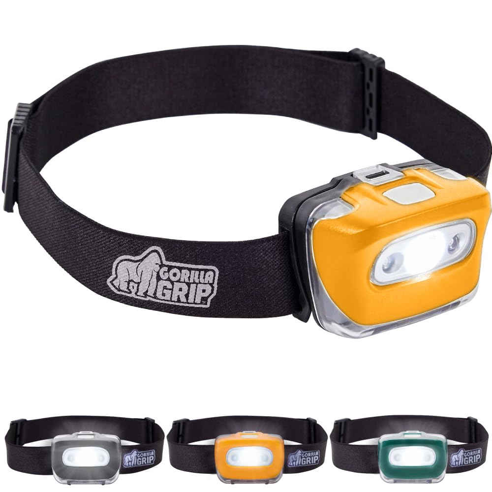 Gorilla Grip Ultra Bright High Lumens Led Head Lamp, 7 Light Modes Water Resistant Ipx4 Headlamp, Adjustable Headband, Battery P