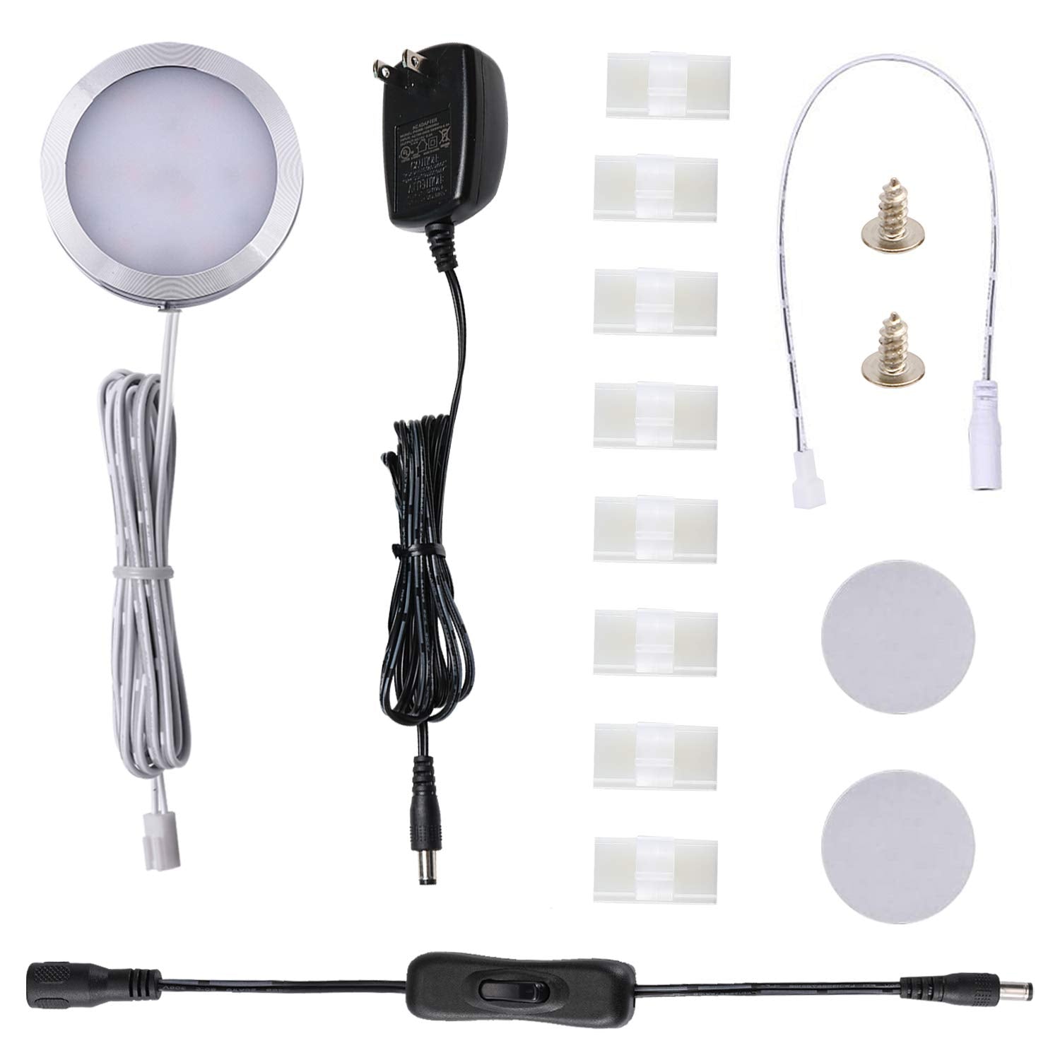 Aiboo 12V Led Under Cabinet Puck Lights Plug In, With Manual Switch, Single Puck Led Light For Closet,Counter,Showcase,12Vdc Low Voltage Wall Plug (Nature White)