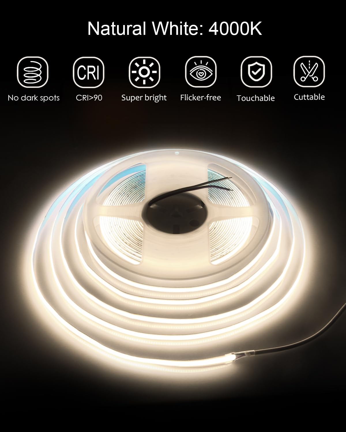 ALITOVE COB LED Strip Light 32.8ft 4000K Natural White 24V 480 LEDs/M Flexible Indoor Decor