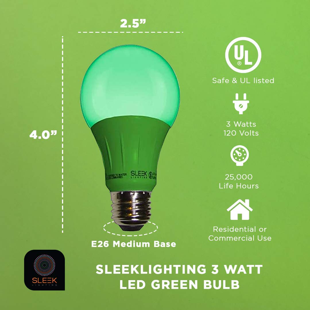 Sleeklighting Led A19 Green Light Bulb, 120 Volt - 3-Watt Energy Saving - Medium Base - Ul-Listed Led Bulb - Lasts More Than 20,000 Hours