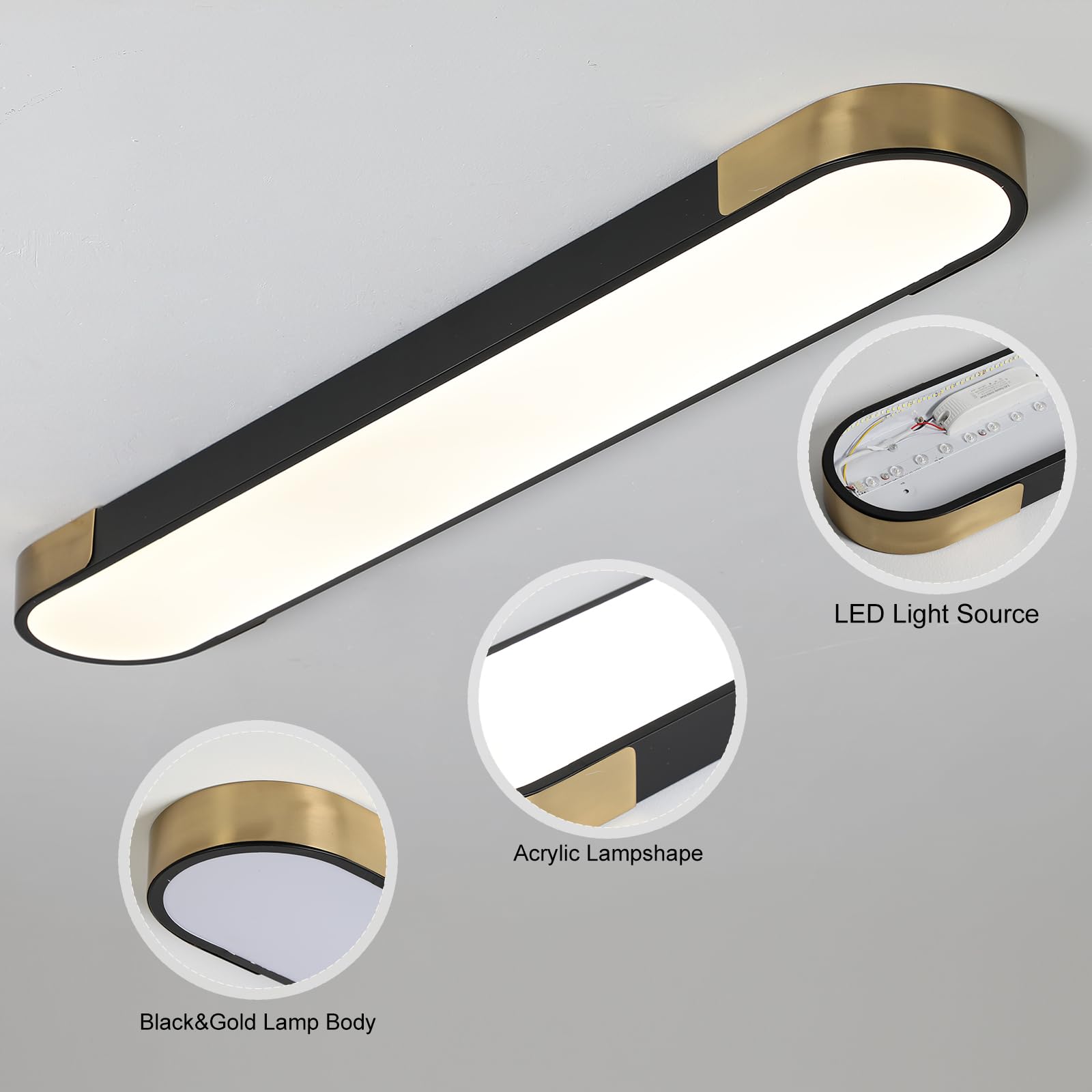 Qcyuui Kitchen Lighting Fixtures Ceiling 39.4 Inch Dimmable Modern Led Ceiling Light Black And Gold Long Linear Ceiling Light Fixture For Office Bedroom Kitchen Hallway (48W/3000-6500K)