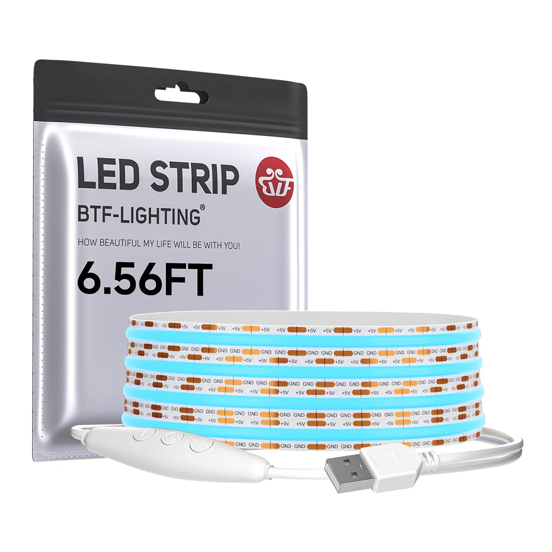 BTF-LIGHTING FCOB COB FOB LED Band Lights 5V USB Powered 6.56FT 640LEDs Ice Blue 8mm Width Dimmable CRI 90+ with 3M Tape Flexible High Density for 3D Printer TV Backlight PC DIY Decor