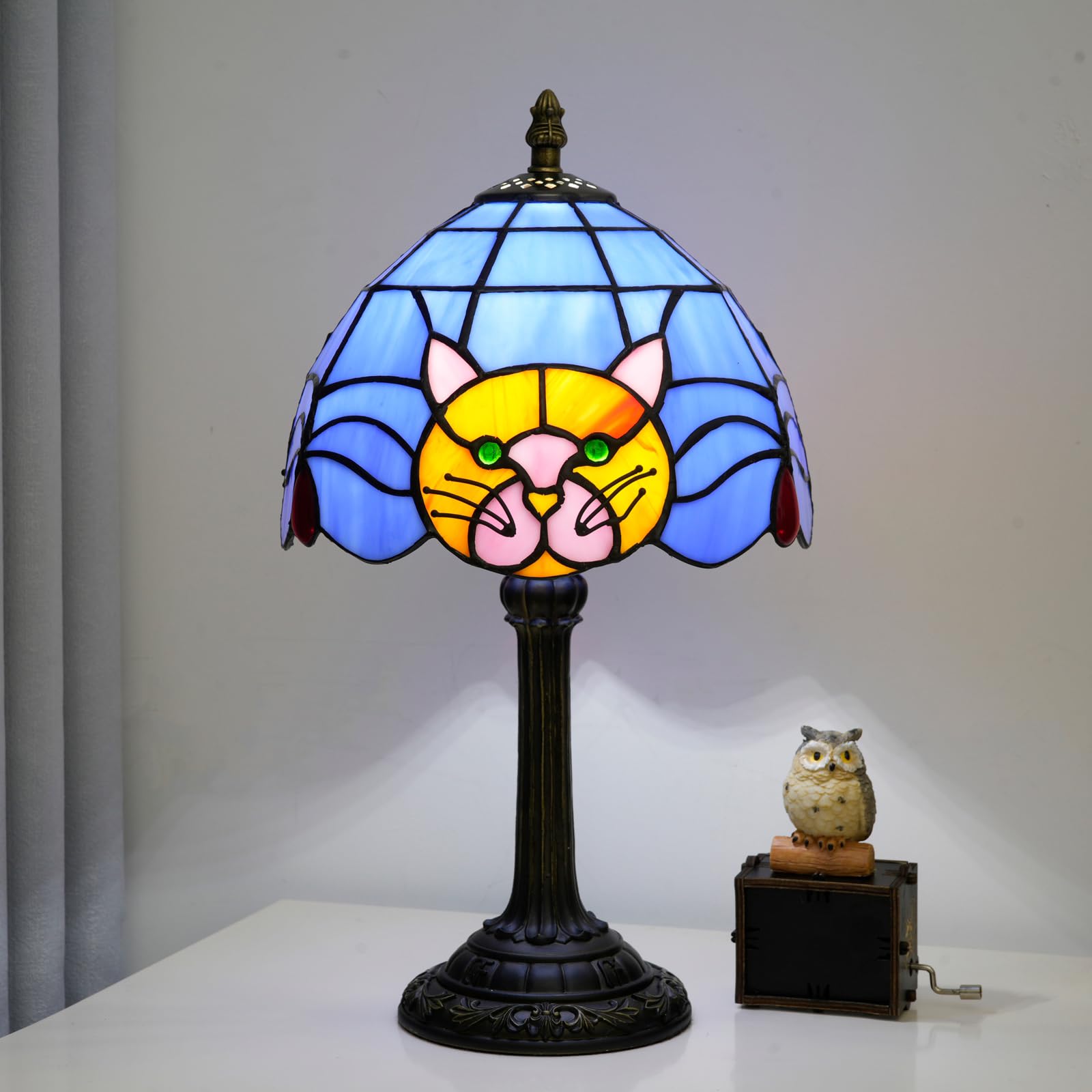 Small Tiffany Lamp Stained Glass Table Lamp, 8 Inch Vintage Blue Orange Cat Pattern, Cute Unique Bedside Nightstand Light Living