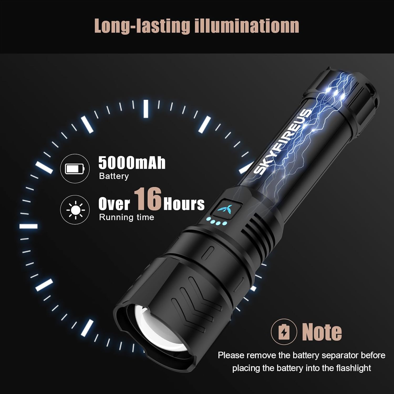 SKYFIRE 2000lm LED Flashlight - Rechargeable, Zoomable, Waterproof, Black, Model 1097, Ideal for Camping and Emergencies