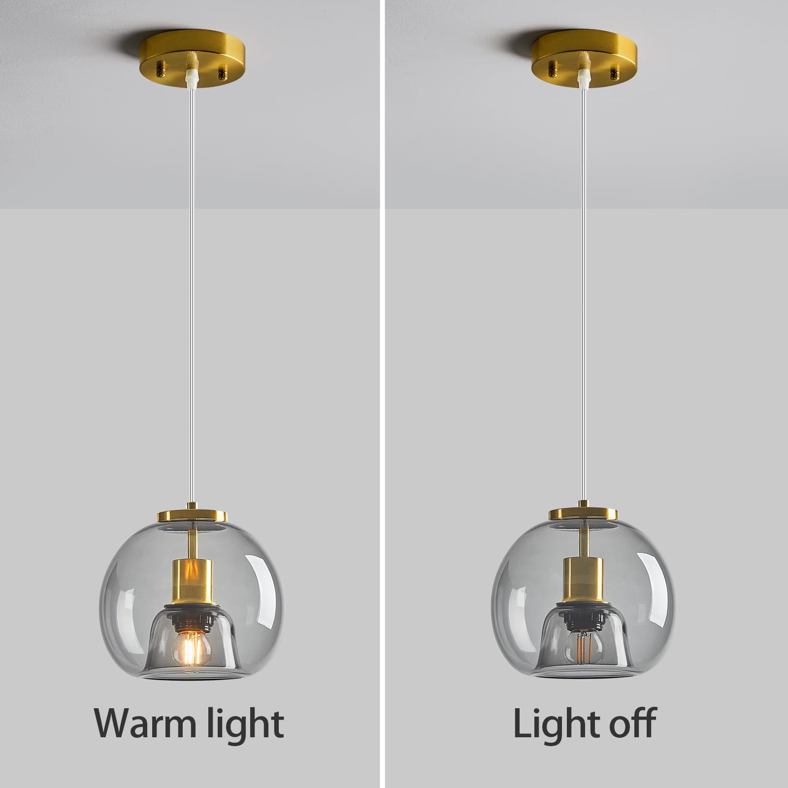 Lbsqj Light Grey Glass Pendant Lights Kitchen Island Gold Hanging Light Fixture Glass Globe Pendant Light Modern Pendant Lighting For Kitchen Island Bedroom Dining Room (7.87  2 Pack)