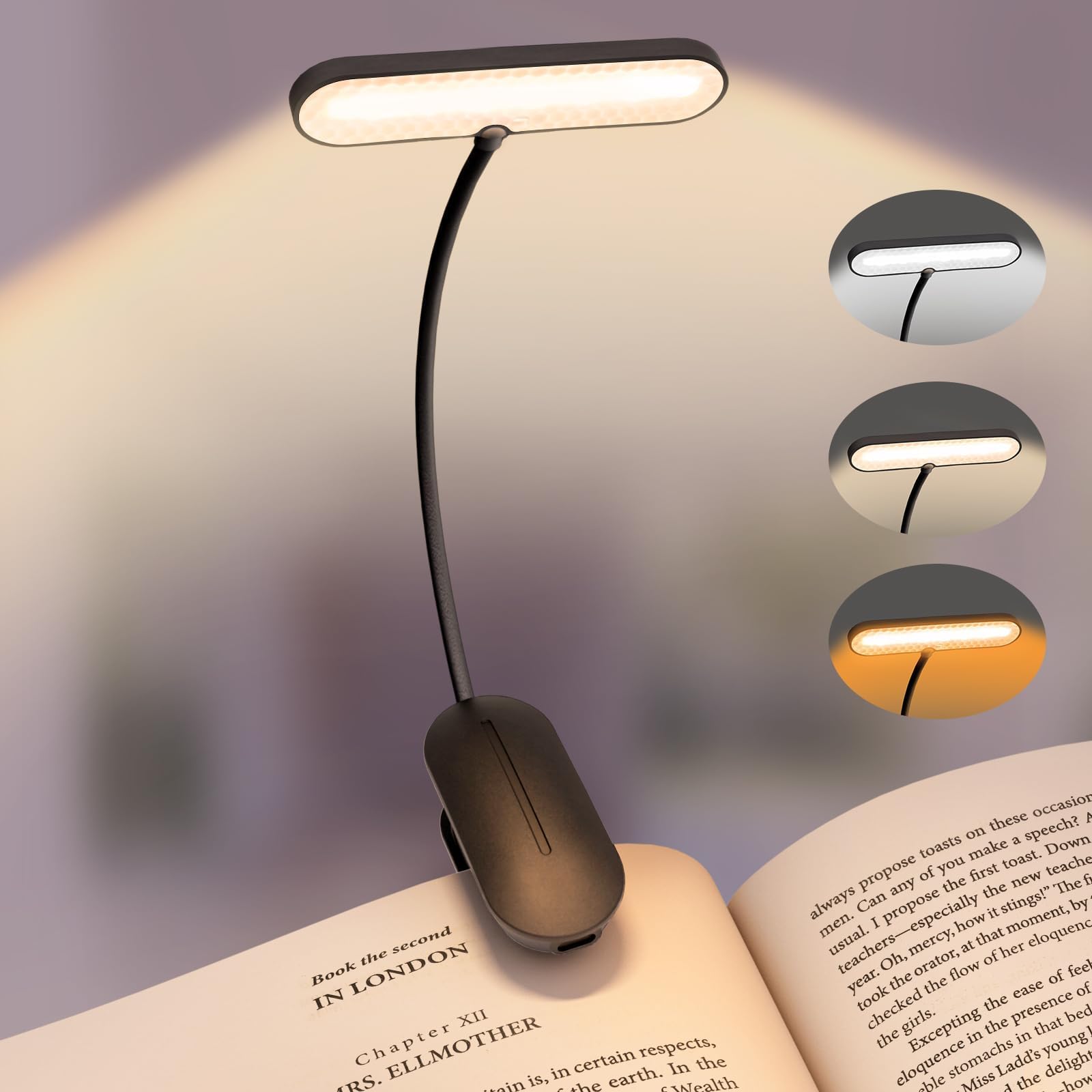 Clip-On Book Light for Reading at Night - Rechargeable 14 LEDs with 3 Color Modes & Stepless Dimming, Eye-Care USB-C Charging, 7