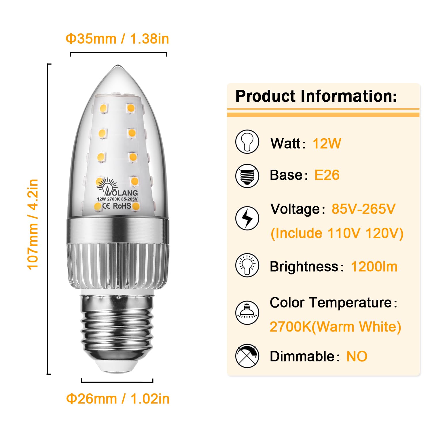Aolang E26 Led Candelabra Bulb, 12W Led Candle Bulbs,100-Watt Light Bulbs Equivalent, Warm White 2700K Chandelier Bulbs, E26 Sta