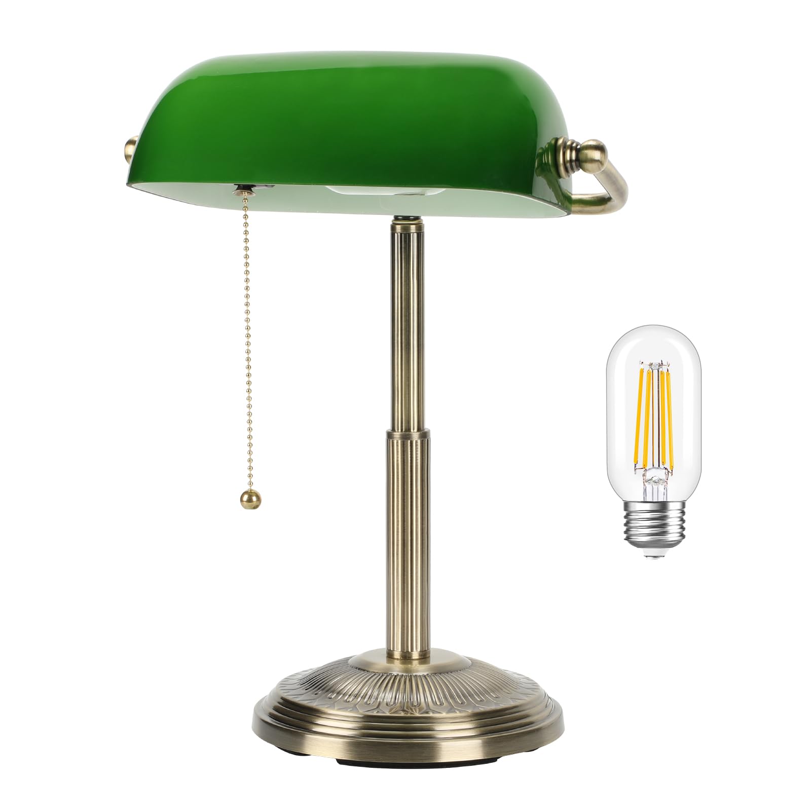 Linnmon Bankers Desk Lamp, Green Retro Lamp, Vintage Lamp With Pull Chain Switch For Home Office, Led Bulb Included (Brass+Green