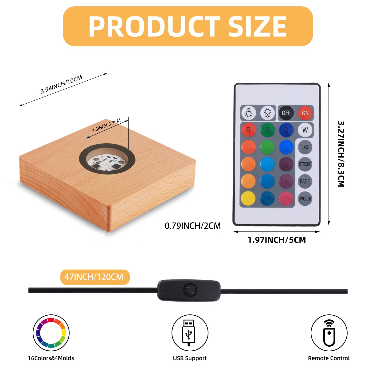Myouke 4 Inch Square Led Light Base Display Base Lighted Display Stand,16 Colored Usb Light Table Light Base Wood Crystal Light