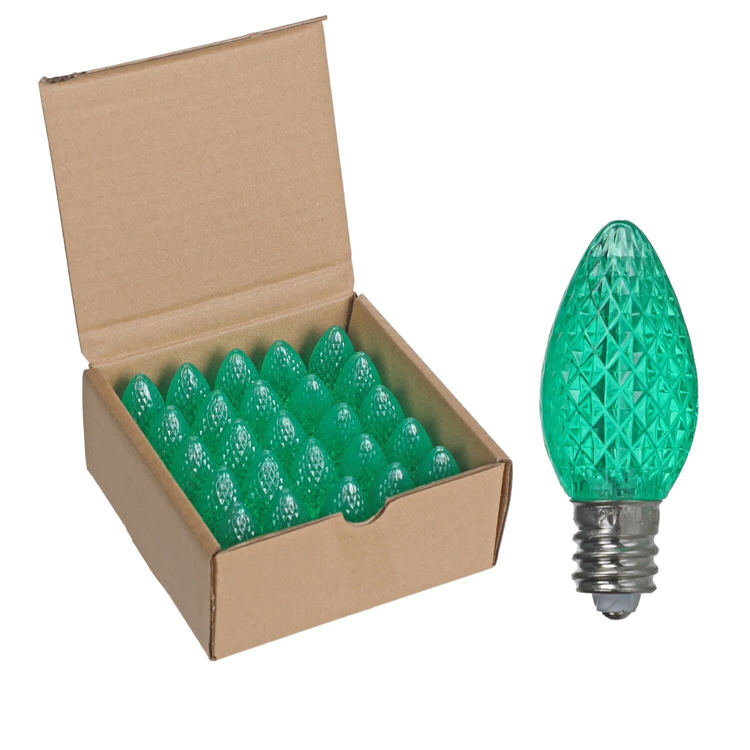 Rainmin Durable 25 Sets Of C7 Led Christmas Light Bulbs,E12 Faceted Green Led Light Bulbs For Outdoor&Indoor Use(Green)