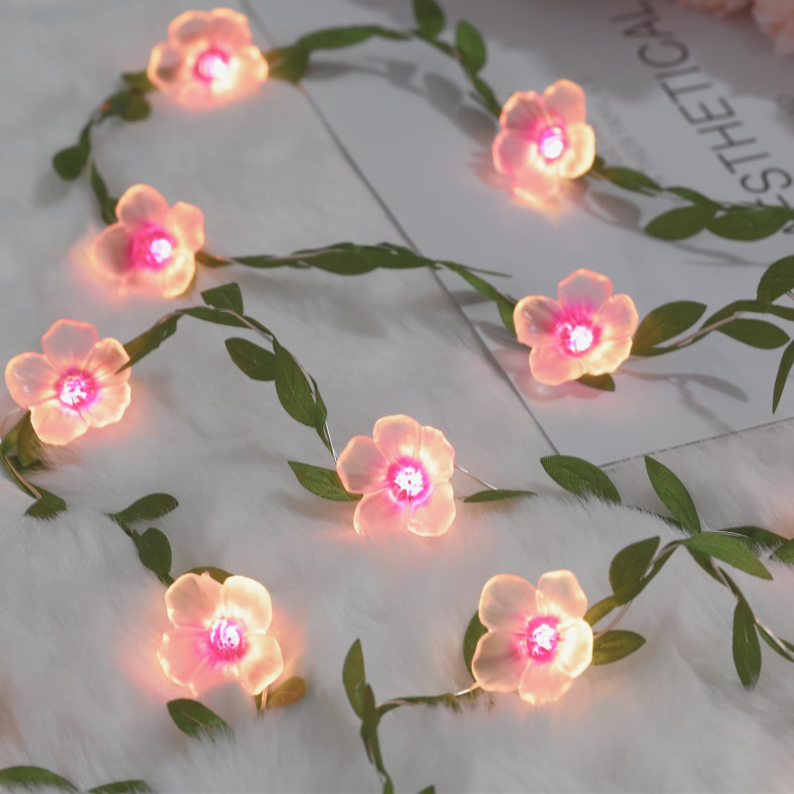 Nakolulu Cherry Blossom Vine Lights 40 LED 13ft USB & Battery Operated Warm White, Model CSLA, Decorative Fairy Lights for Bedroom & Party