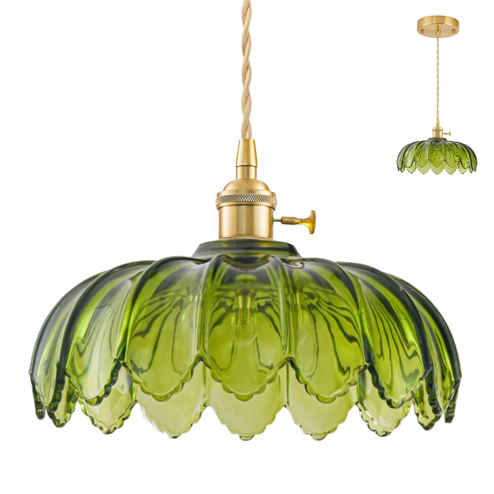 GMTB Glass Pendant Lights Kitchen Island  Vintage Brass Pendant Light Fixtures  Adjustable Green Kitchen Pendant Lighting Over Island for Bedroom Living Room Hallway Dining Room