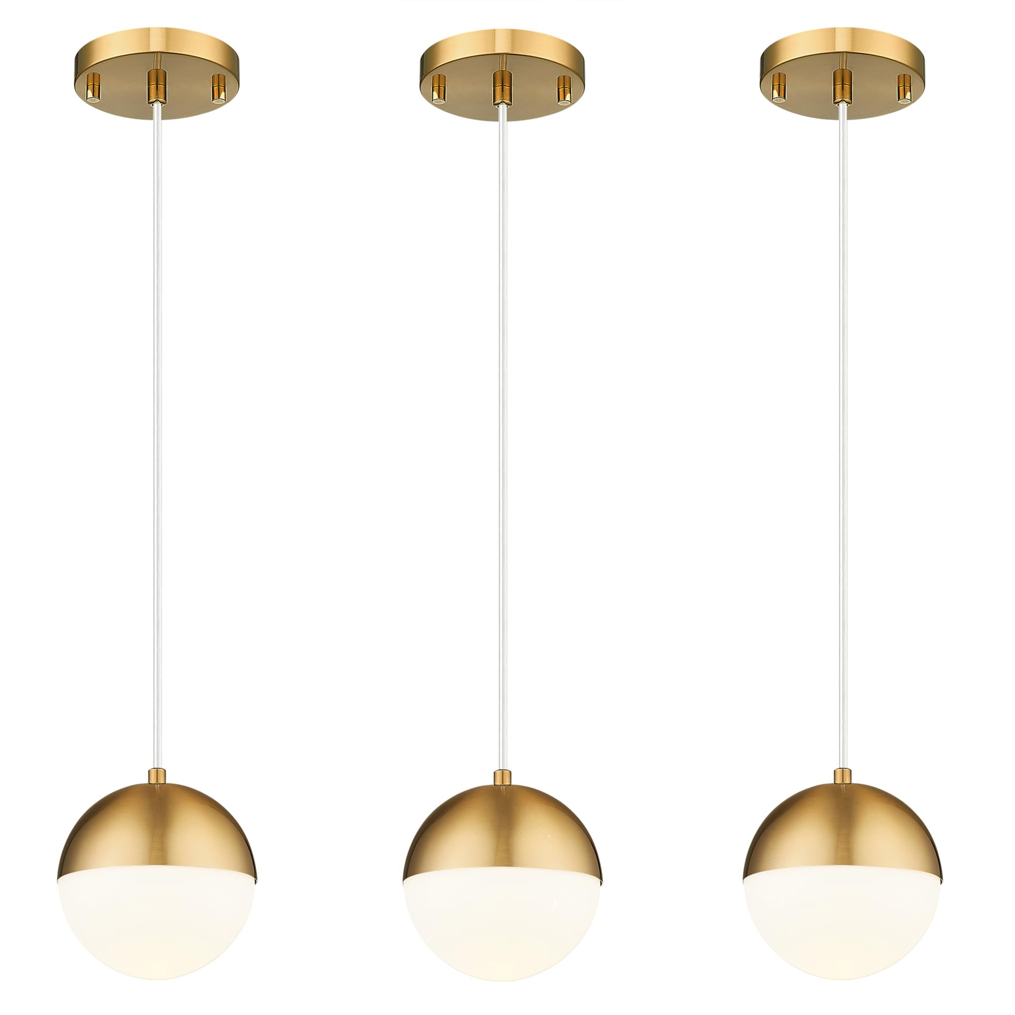 LMS Mid Century Pendant Lights  Brushed Gold Kitchen Island Light Fixtures with White Globe Glass Shade  Adjustable Hanging Cord  3-Pack for Home Office Dining Room Bathroom  LMS-186PL-BGWS3PK