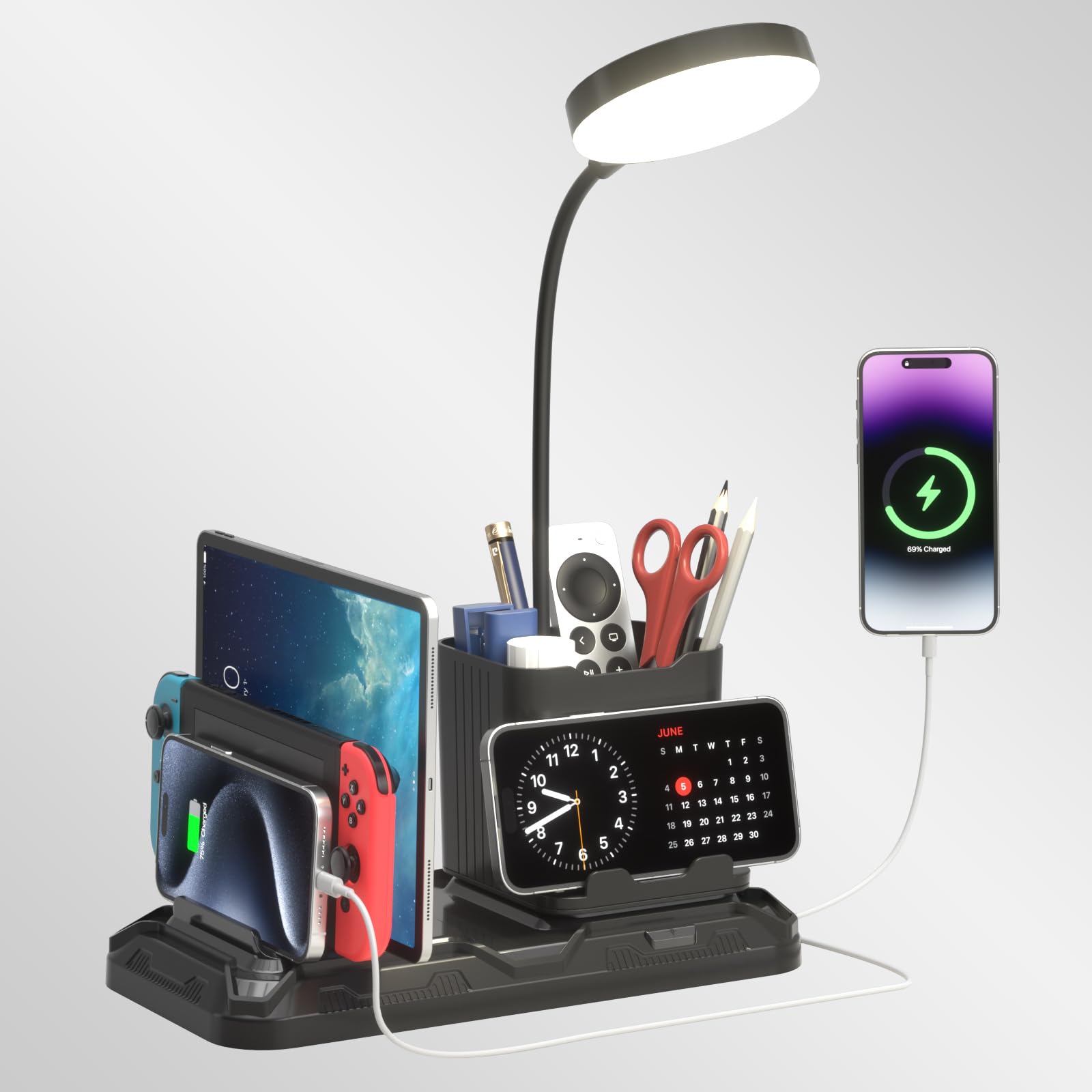 Kdd Desk Lamp With Usb A&C Charger Ports - Reading Desktop Light With Pen & Phone Holder - Adjustable Brightness Lights With Dev