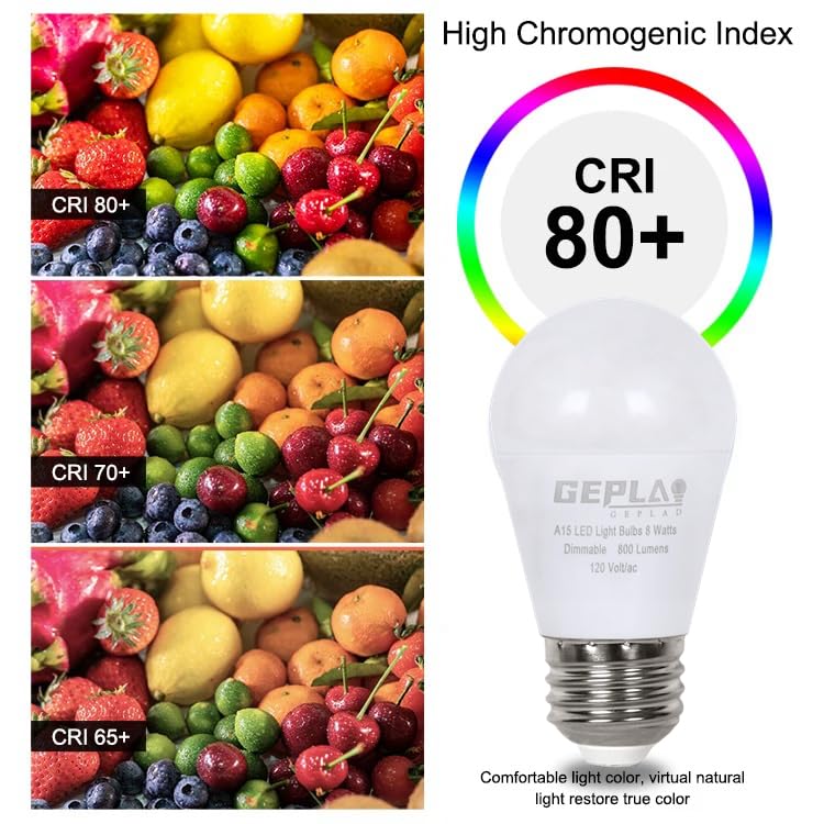 Geplad 6 Pack A15 Light Bulbs 60W Equivalent, 8W Led Refrigerator Bulbs,3000K Soft White, 750 Lm, E26 Medium Base,For Ceiling Fa