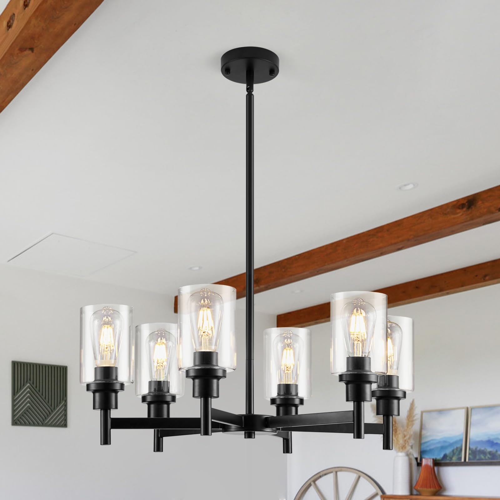 Seilisy 6 Lights Black Chandelier Light Fixture For Dining Room, Farmhouse Contemporary Modern Pendant Ceiling Hanging Lighting With Glass Shade For Dinning Room Kitchen Island Foyer Hallway