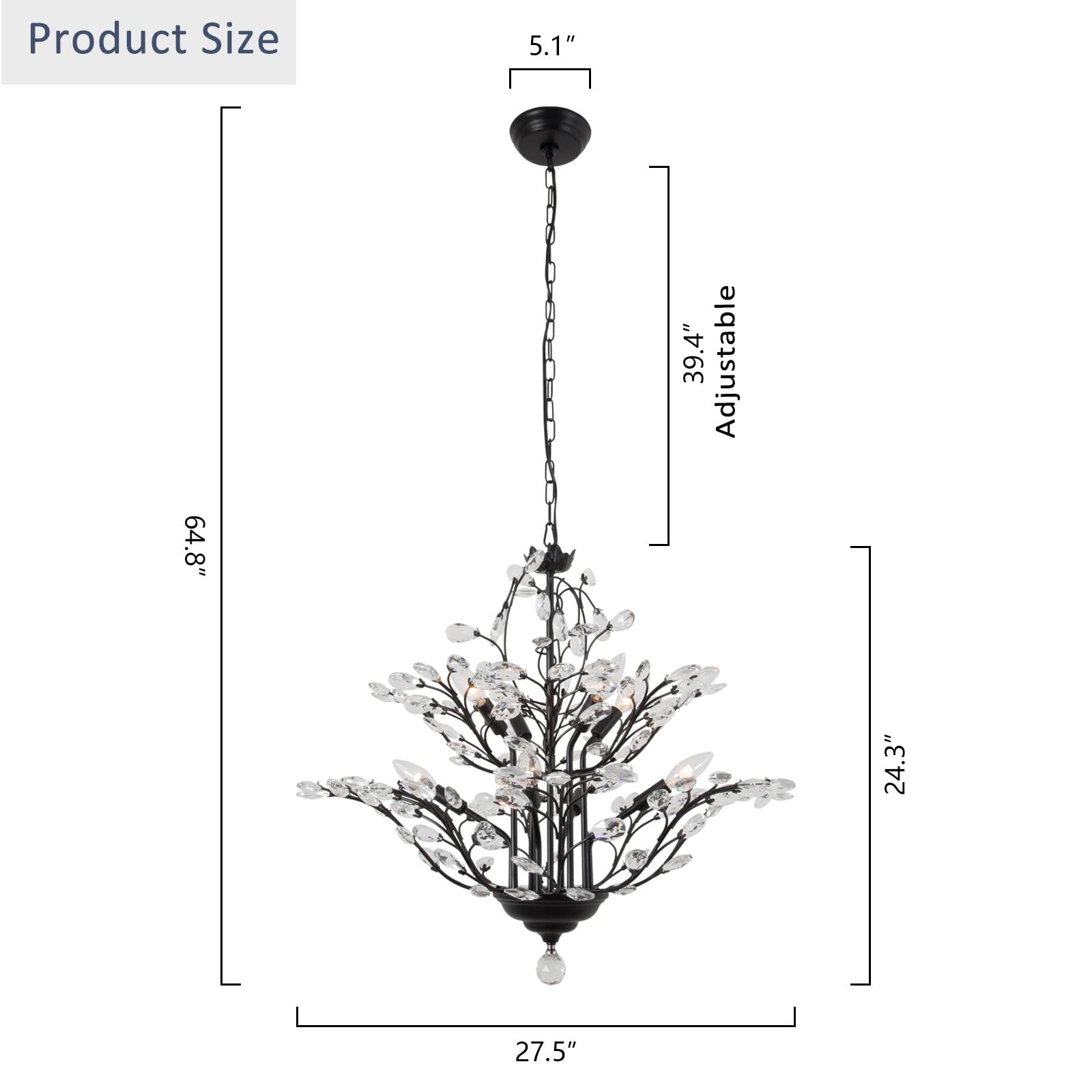 Maxax Vintage Crystal Branch Chandelier, 8-Light, Metal, Black, Model 19171-8BK, Adjustable Pendant Lighting for Dining Room, Living Room, Bedroom