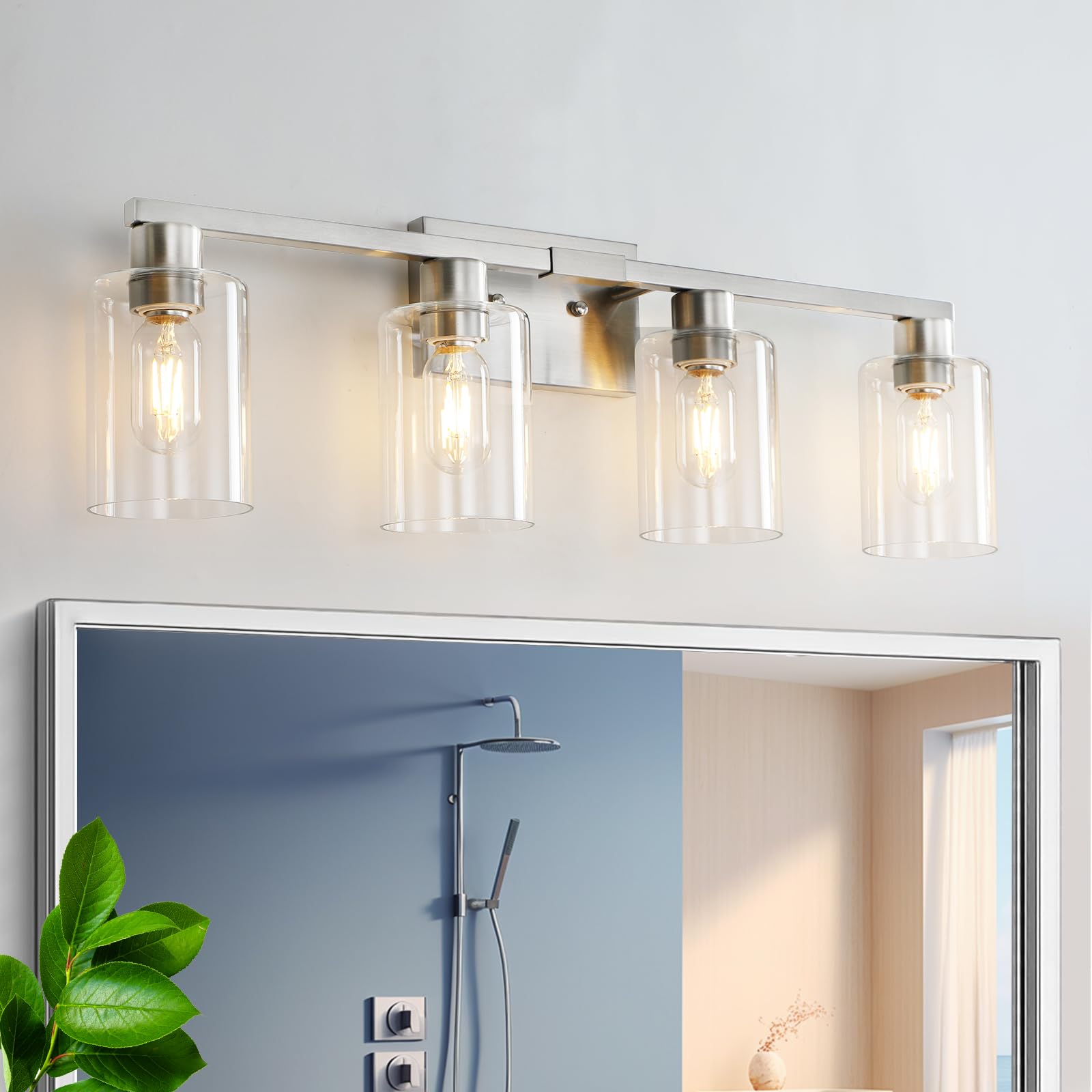 Sopeas 4 Light Bathroom Light Fixtures  Brushed Nickel Modern Bathroom Vanity Light With Clear Glass Shade  Bathroom Lighting Fixtures Over Mirror  Vanity Lights For Bathroom Mirror