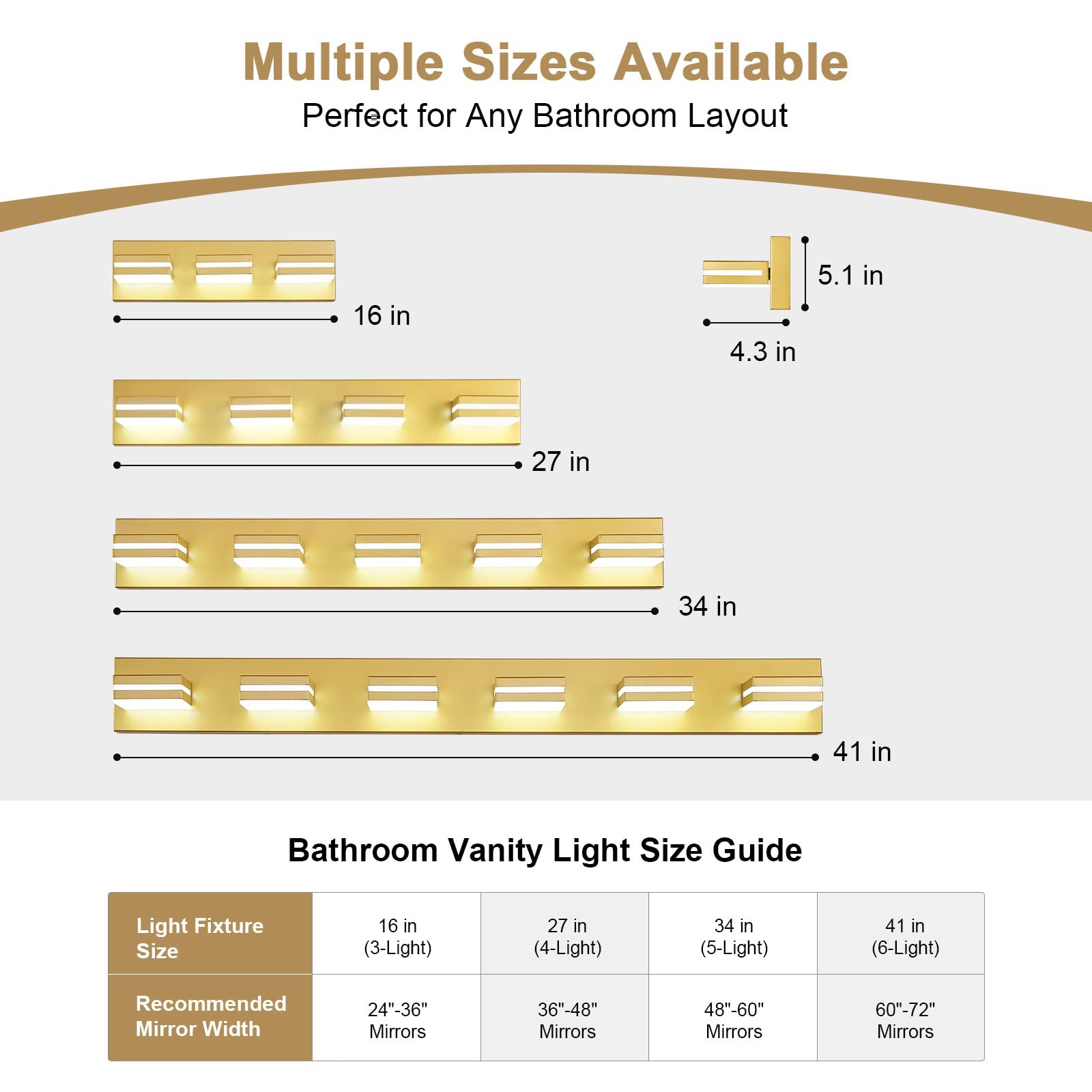 Jzekvn Modern Led Bathroom Lights Fixtures(3-Light) Metal Gold Acrylic Wall Lighting Vanity Lights For Bathroom Over Mirror 6000K 16In
