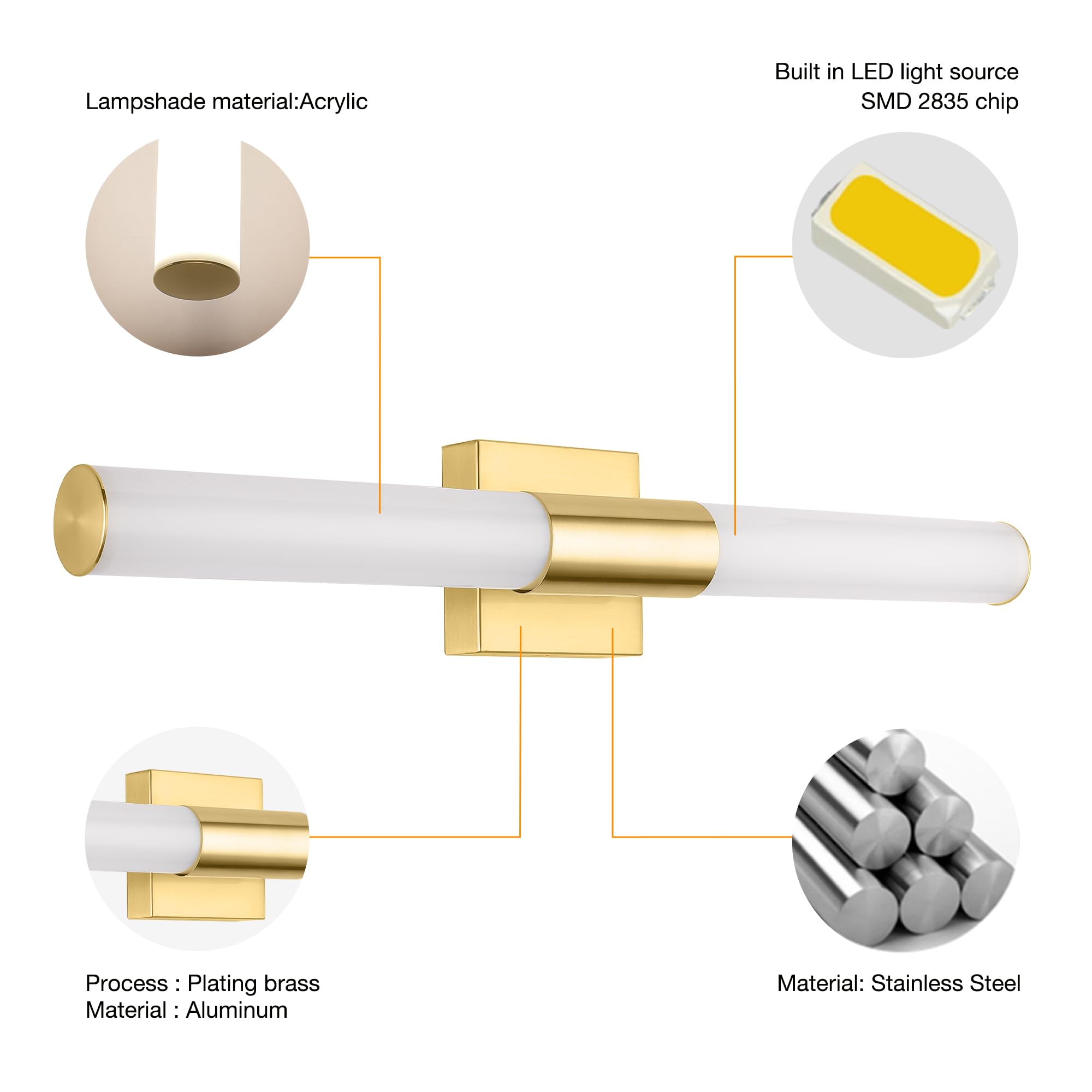 YHTlaeh LED Bathroom Vanity Light Fixture 24in Polished Chrome 4500K Gold Model 6110