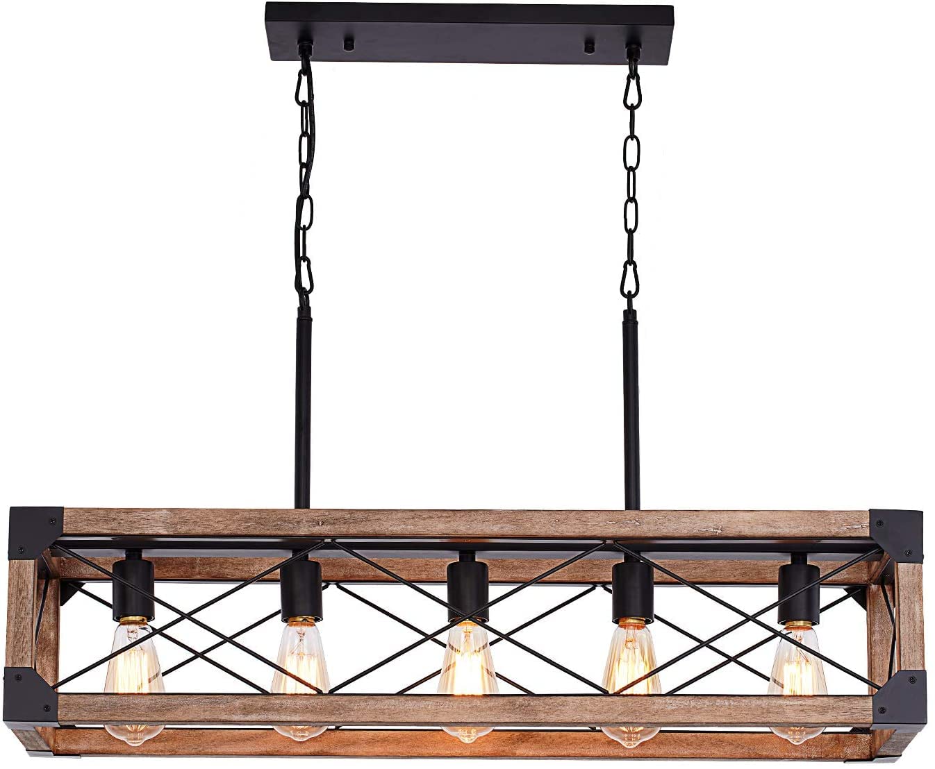 Airposta Kitchen Island Lighting Chandelier, 5 Lights, Rustic Wood Grain Finish, 33.5-Inch, Brown