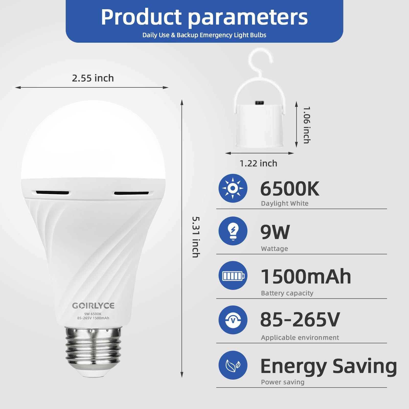 GOIRLYCE Emergency Rechargeable Light Bulbs, 9W E27, 6500K, 1500mAh, 2-Pack, White, Self-Charging LED for Home,