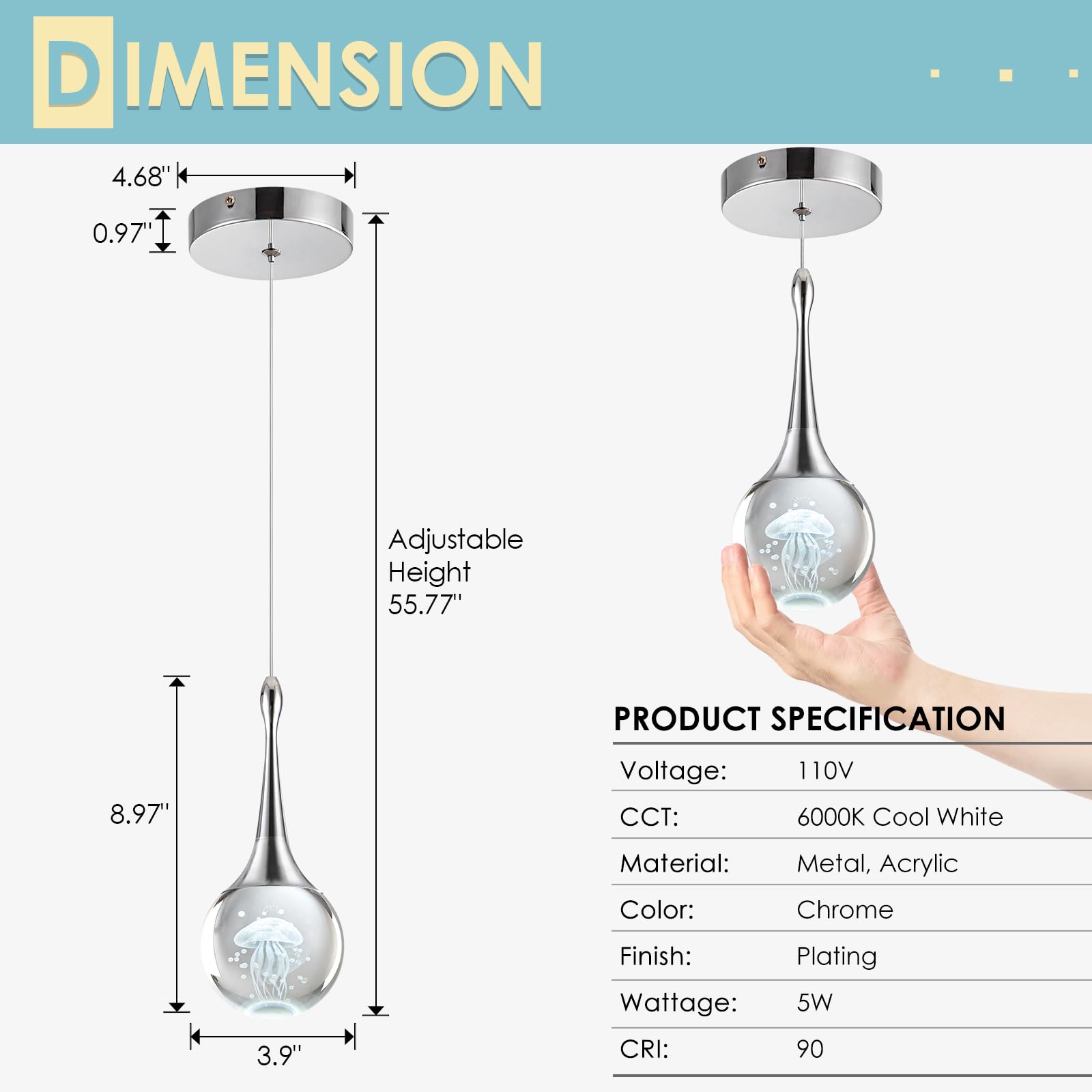 Chying 3 Pack Teardrop Pendant Light Chrome Crystal Pendant Lighting Bathroom Led Ceiling Hanging Light Globe Jellyfish Pendant