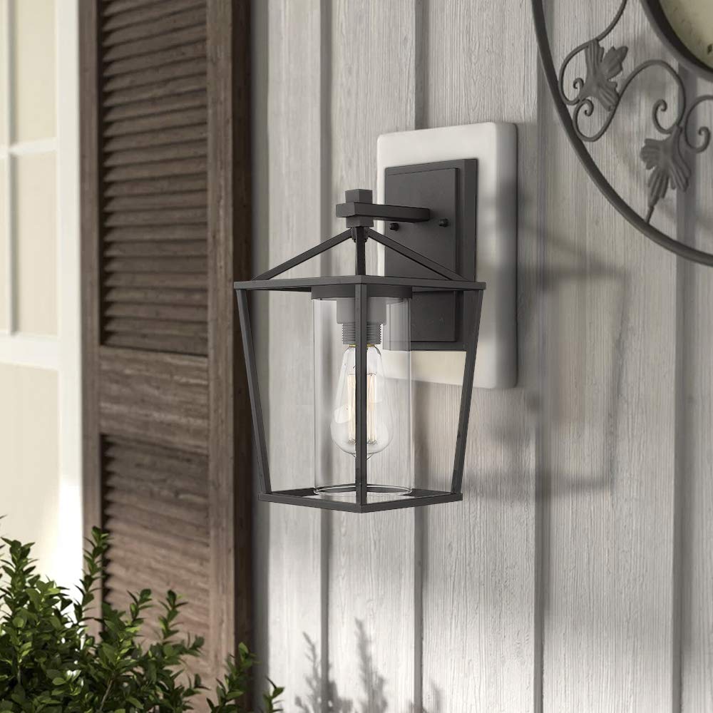 Emliviar Outdoor Porch Lights, 2 Pack Wall Mount Fixtures, Black Metal With Clear Glass, 13.8&quot;
