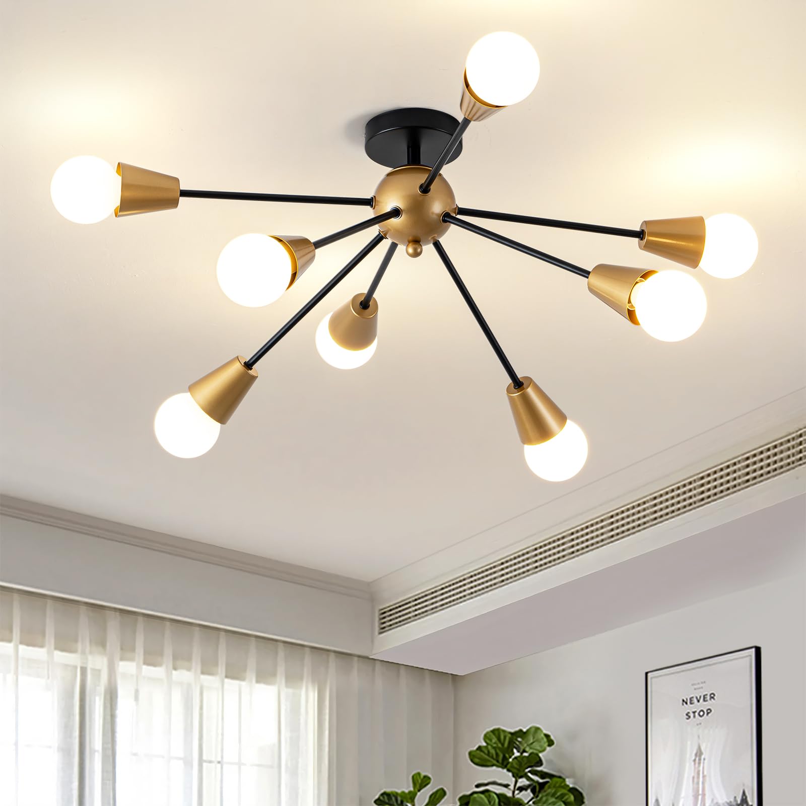 Ymlii Modern Sputnik Ceiling Light Fixture,8-Lights Black And Gold Sputnik Chandeliers, Industrial Metal Semi Flush Mount Ceilin