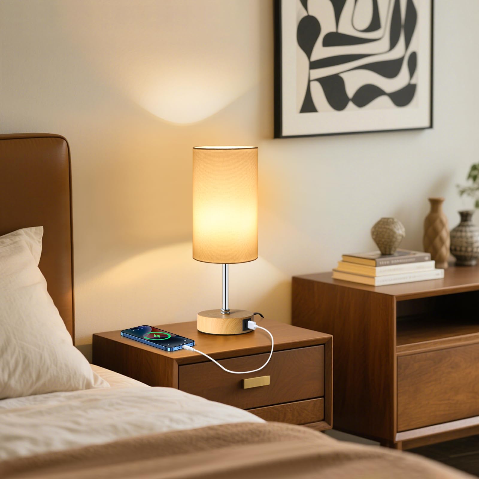 Unicozin Small Table Lamp - 3CCT & 7 RGB Color Changing, Dimmable Nightstand Lamp, 14.5in, White Wood Grain Base