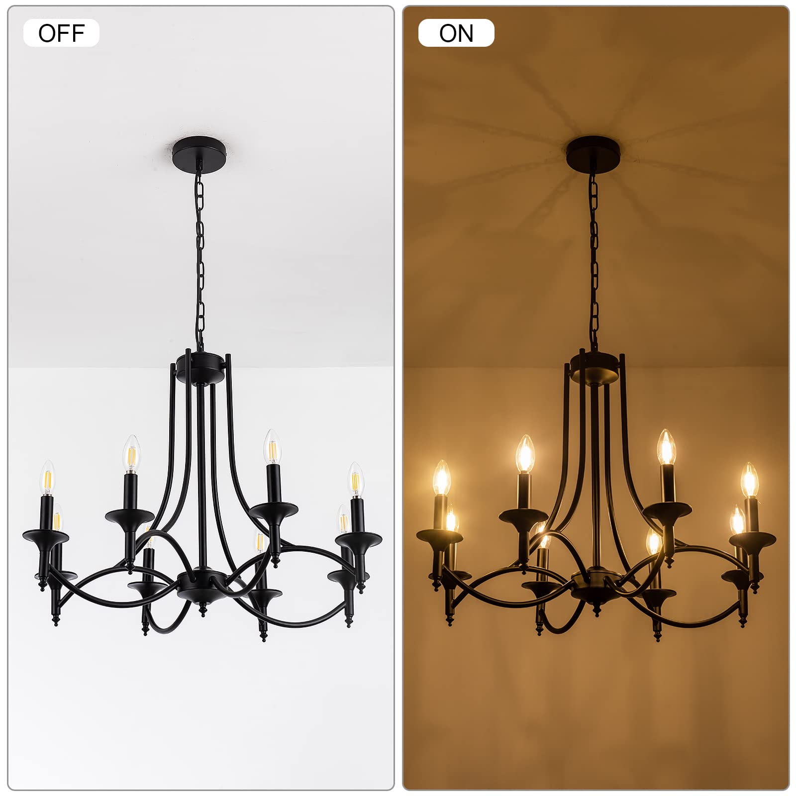 Pretoy Industrial Candle Chandelier 8-Light Black Iron Pendant Fixture for Dining Room, Living Room, Bedroom, Kitchen Island, Foyer
