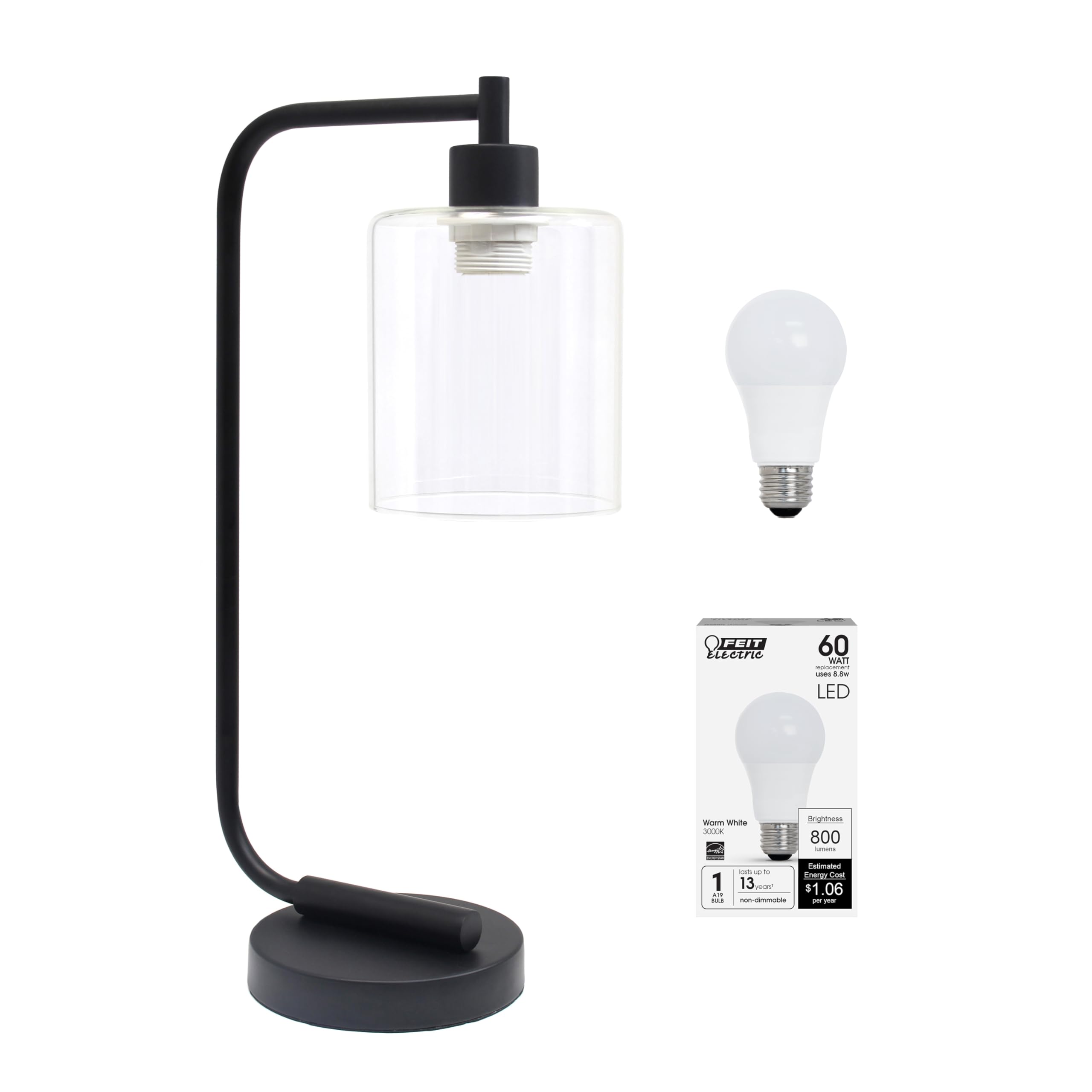 Simple Designs LD1036-BLK-LB 18.8&quot; Industrial Bronson Antique Style Iron Lantern Desk Table Lamp with Glass Shade for Home Décor, Office, Living Room, Bedroom, Black, with Feit LED Bulb Included