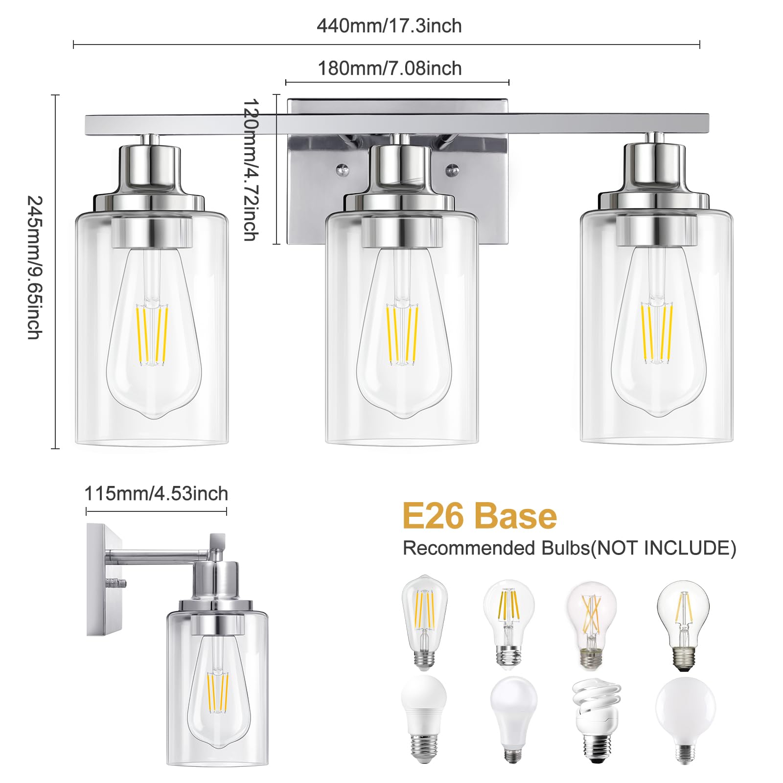 Apenath 3 Light Vanity Light Fixtures, Polished Chrome Wall Sconces, Metal Glass, Model FLUS-CH3L-01