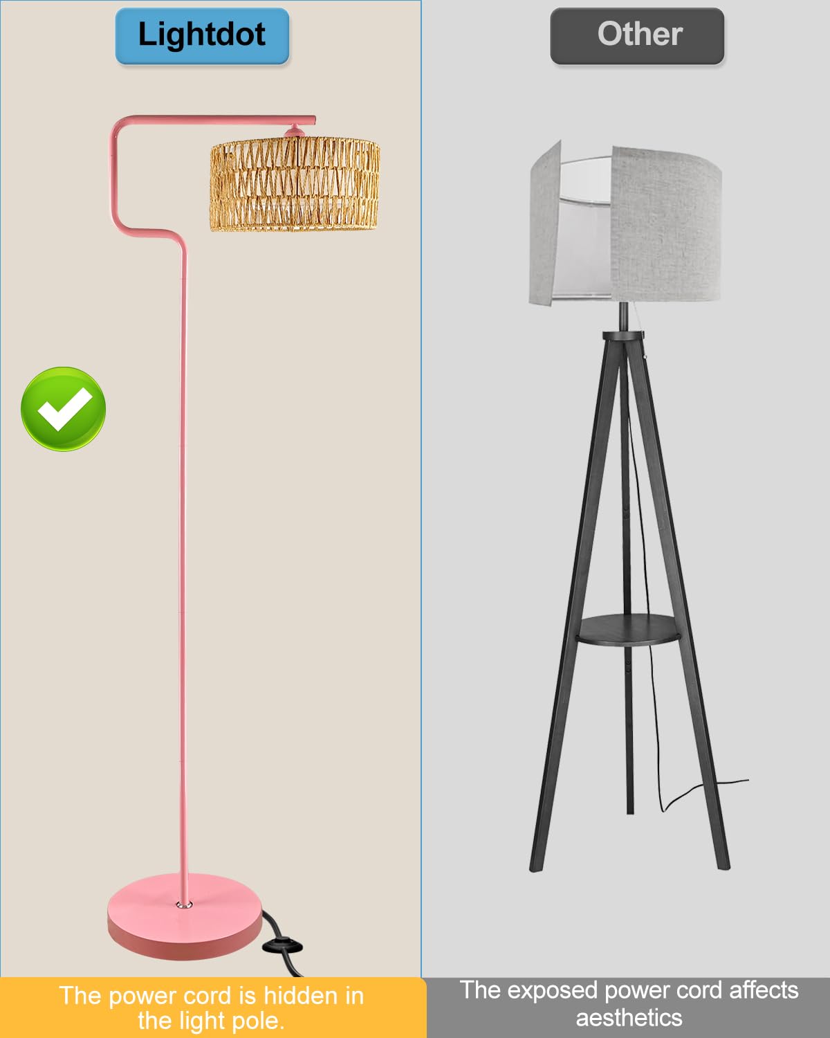 Lightdot Rattan Floor Lamp, Boho Arc Design, Double Shades, Foot Switch, Pink Model LFLL-M-97A