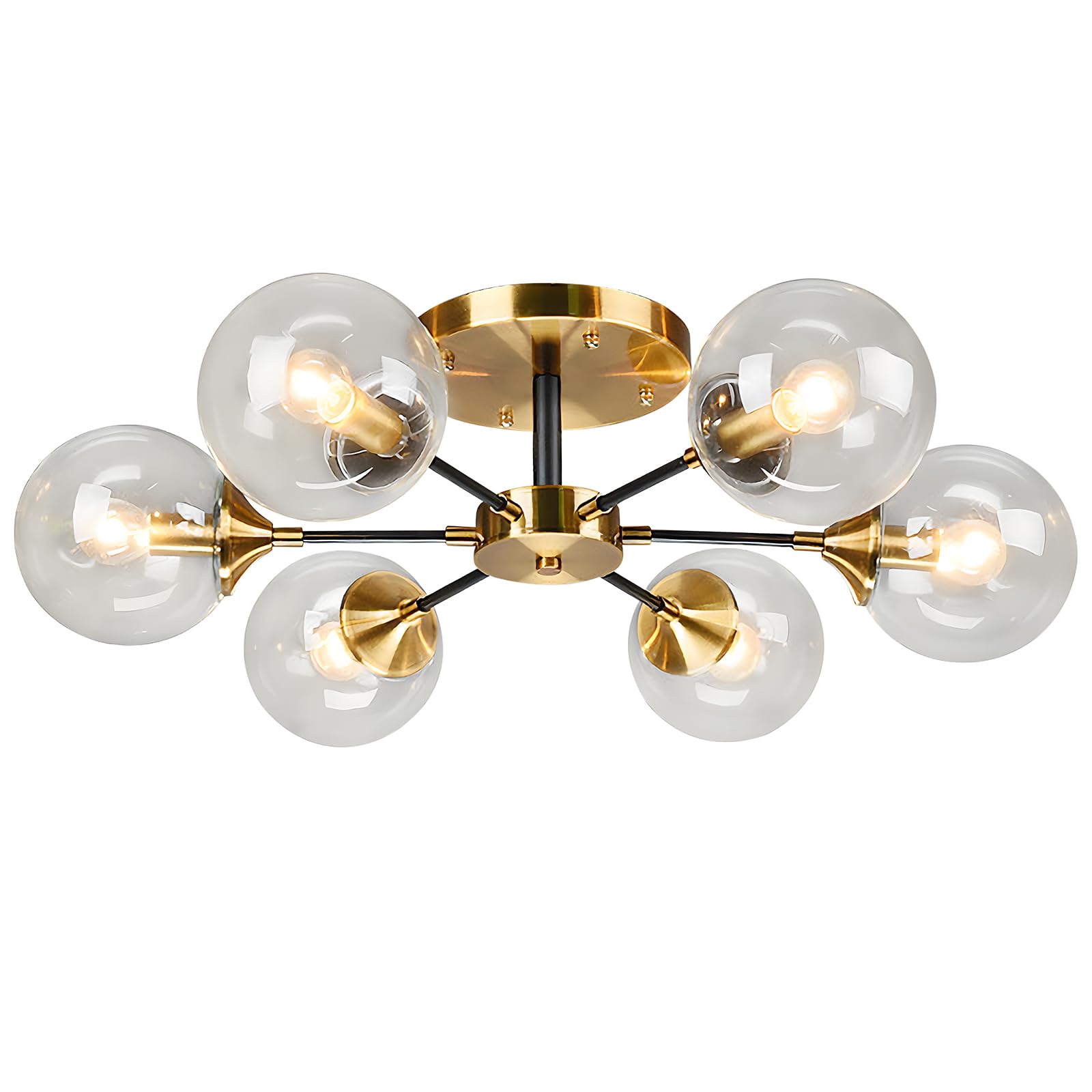 KCO Lighting Mid Century Modern Gold Ceiling Lighting Fixture 6-Light Black Metal Flush Mount Ceiling Lights Brushed Brass Clear