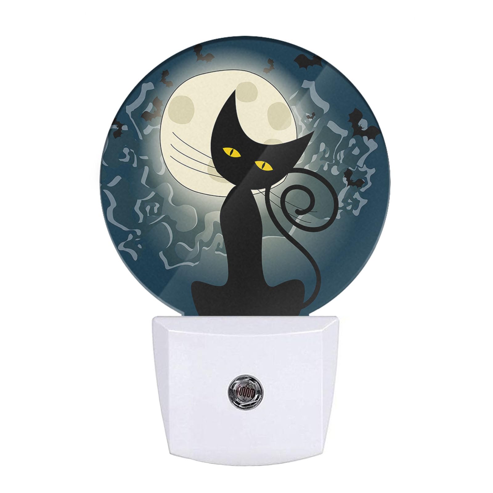 Uanvaha Plug in Fantasy Funny Cat Night Light Full Moon Bats Black Cat Fun Animal Night Lamp Auto On/Off Dusk to Dawn for Bedroo